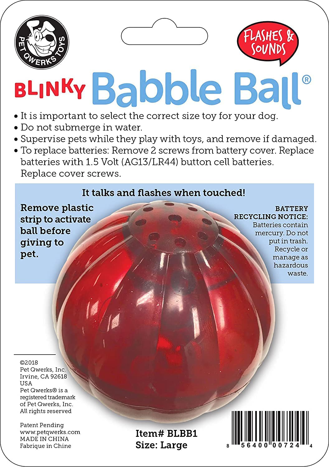 Pet Qwerks Blinky Babble Ball Interactive Dog Toy, Flashes & Talks When Touched