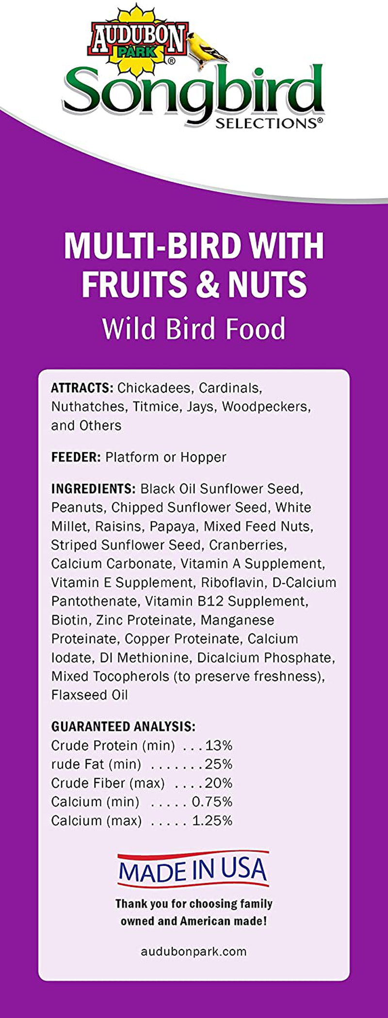 Audubon Park Songbird Selections 11980 Multi Wild Bird Food with Fruits and Nuts, 15 Lb Animals & Pet Supplies > Pet Supplies > Bird Supplies > Bird Food Audubon Park   