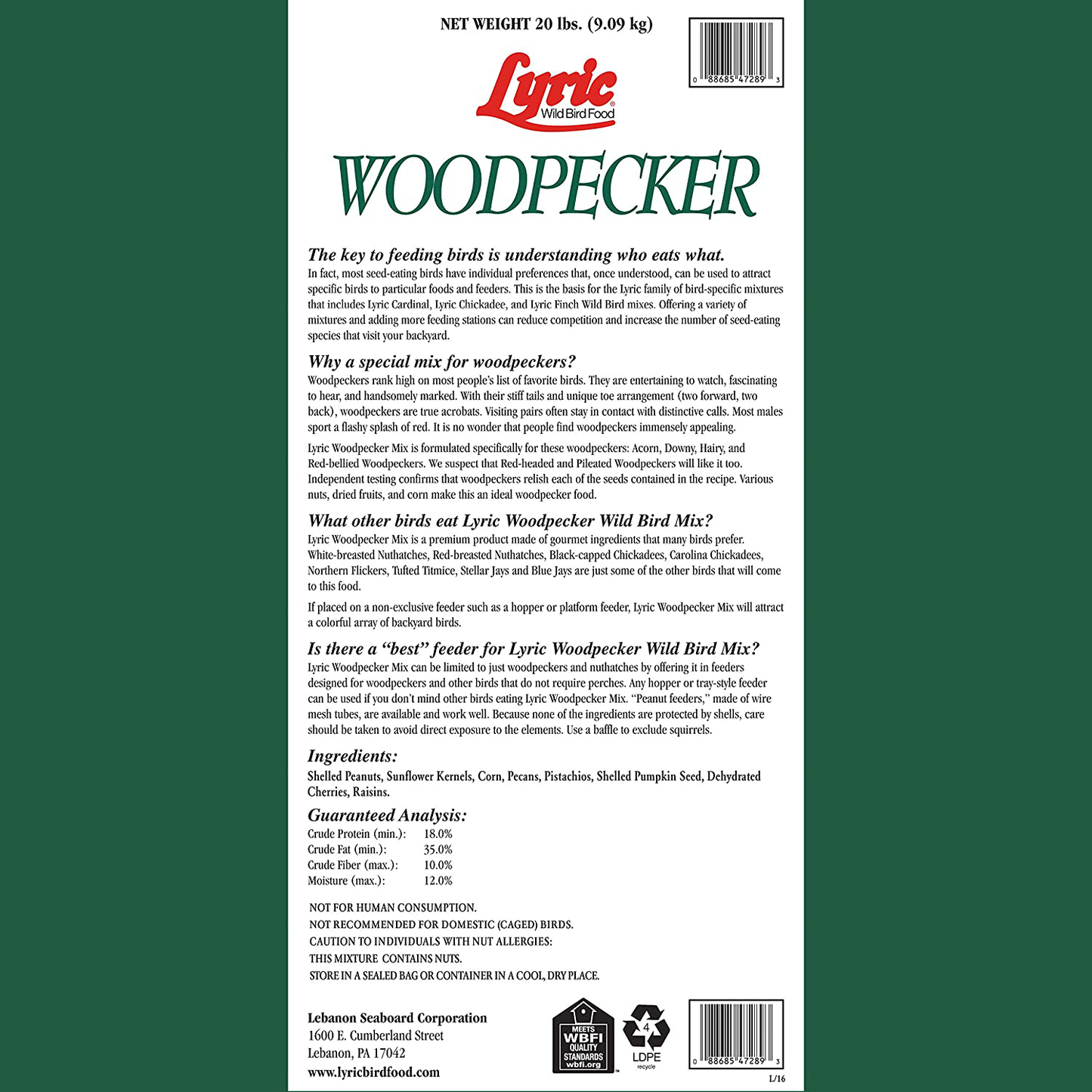 Lyric 2647472 Woodpecker No Waste Mix, 20 Lb Animals & Pet Supplies > Pet Supplies > Bird Supplies > Bird Food Lyric   
