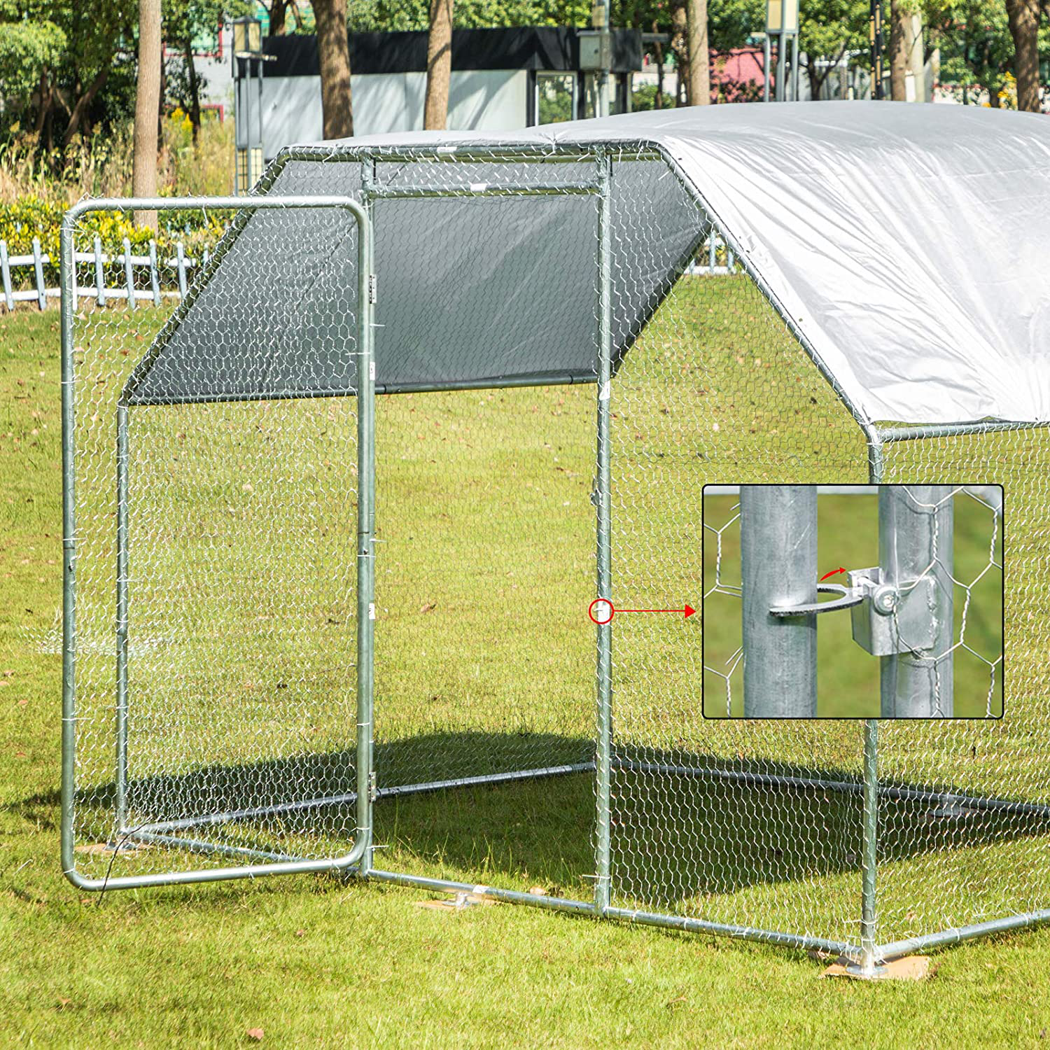 VEVOR Metal Chicken Coop, 9.5'X6.5'X6' Large Walk-In Hen House with Cover, Galvanized Steel Poultry Run Extension with Lockable Door, Flat Roof Enclosure Cage for Hen Duck Rabbit Dog in Yard Farm Animals & Pet Supplies > Pet Supplies > Dog Supplies > Dog Kennels & Runs VEVOR   