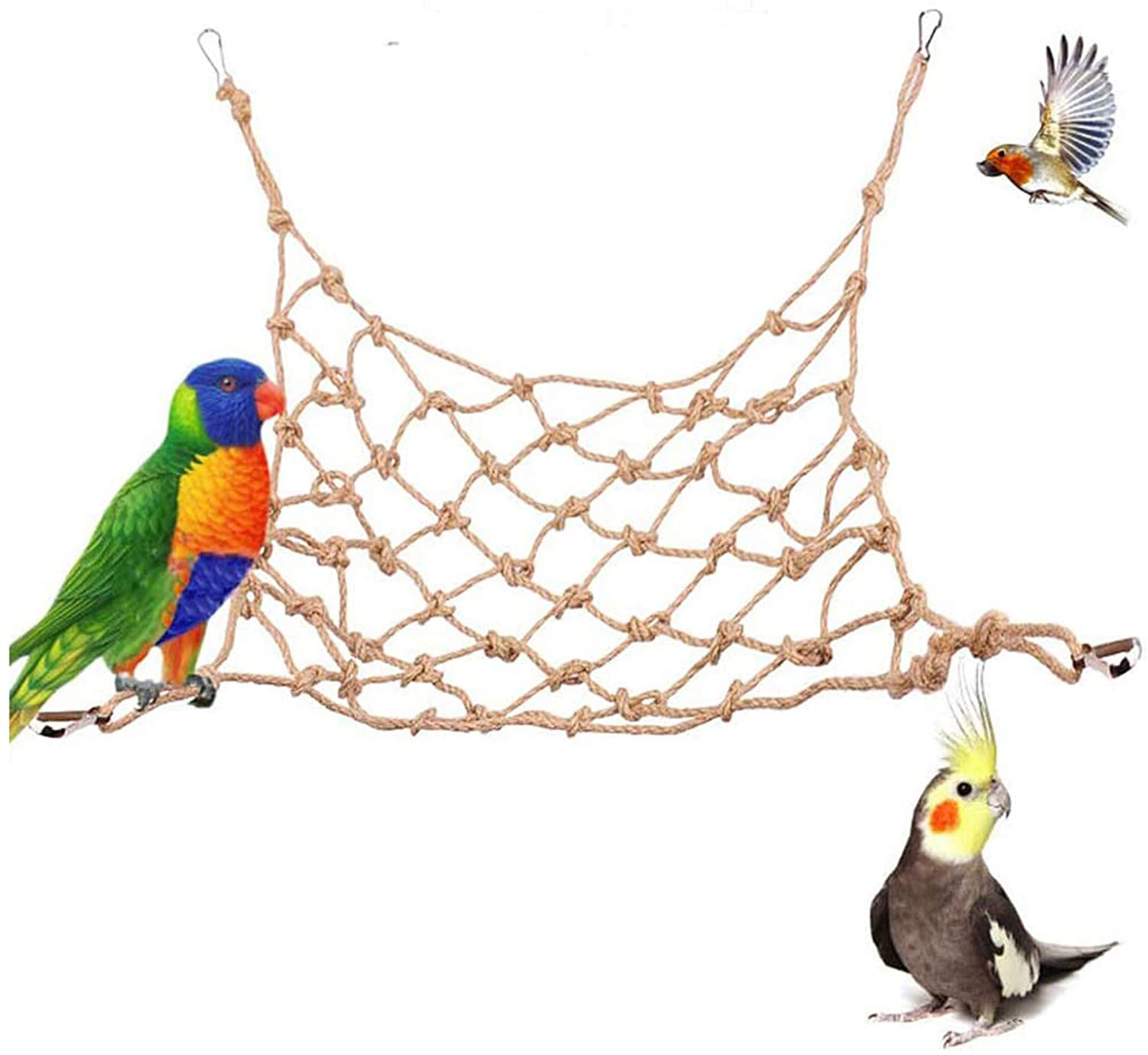 Tfwadmx Natural Bird Rope Net, Large Size - 24''X24'' Parrot Swing Hammock, Bird Climbing Ladder Hanging Cage Perch Chew Toys for Budgies Macaw Conure Finch Cockatoo Budgie African Grey Parakeet Animals & Pet Supplies > Pet Supplies > Bird Supplies > Bird Ladders & Perches Tfwadmx   