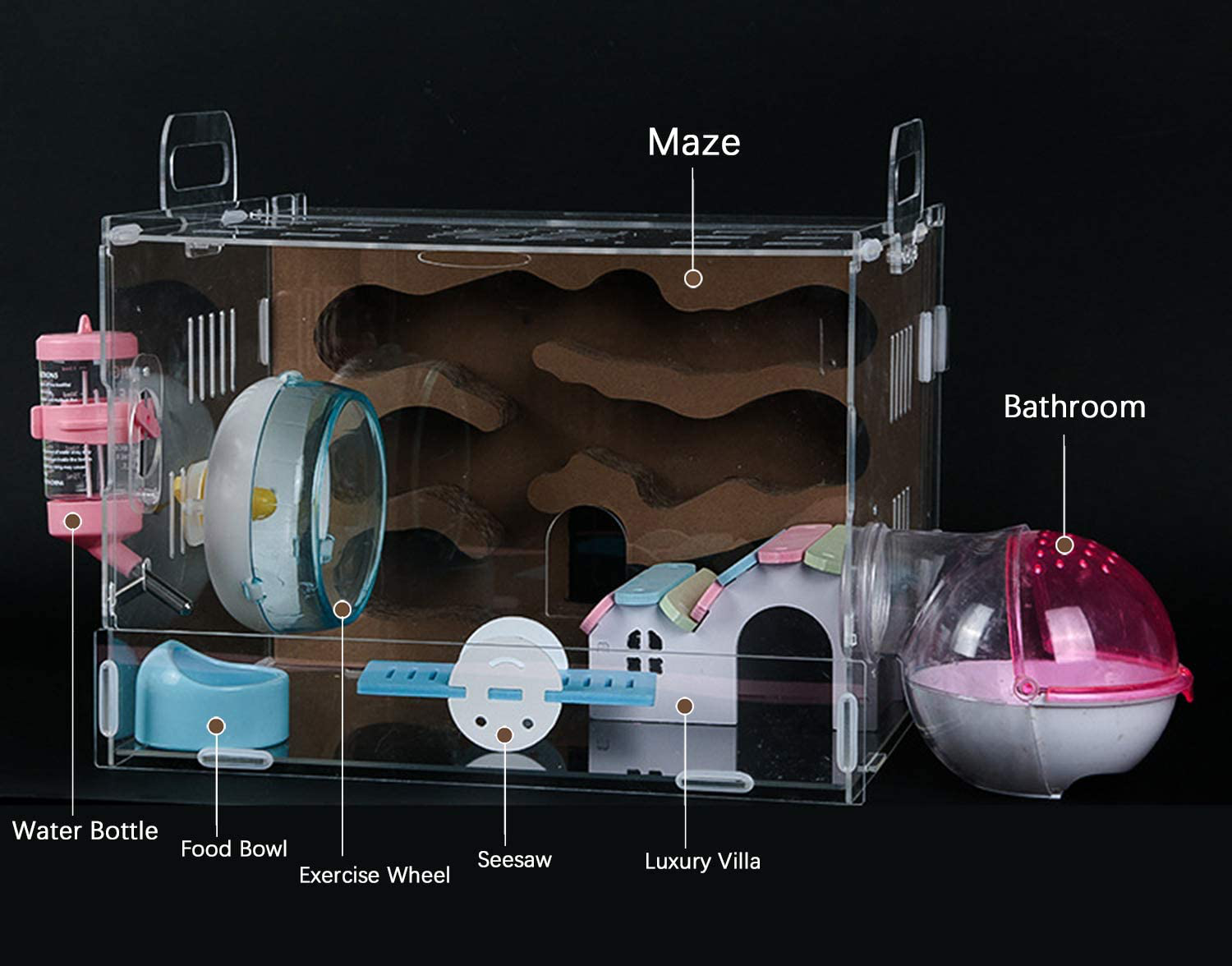 Nynelly Hamster Cage,Transparent Durable Small Animal Cage and Habitats House,Include Hamster Maze,Exercise Wheel, Water Bottle, Hamster Hideout, Food Bowl,13" L X 11.4" W X 11.4" H