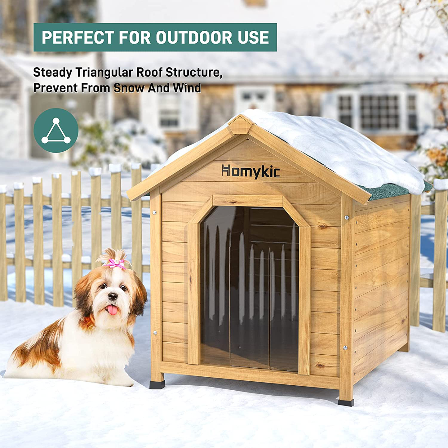 Homykic Dog House Outdoor Wooden, Fir Wood Pet Kennel Doghouse Log Cabin Shelter Weatherproof with Door Flap, Raised Floor, for Cat Rabbit Bunny, 23.6X24.8X29.6 Inch, Small