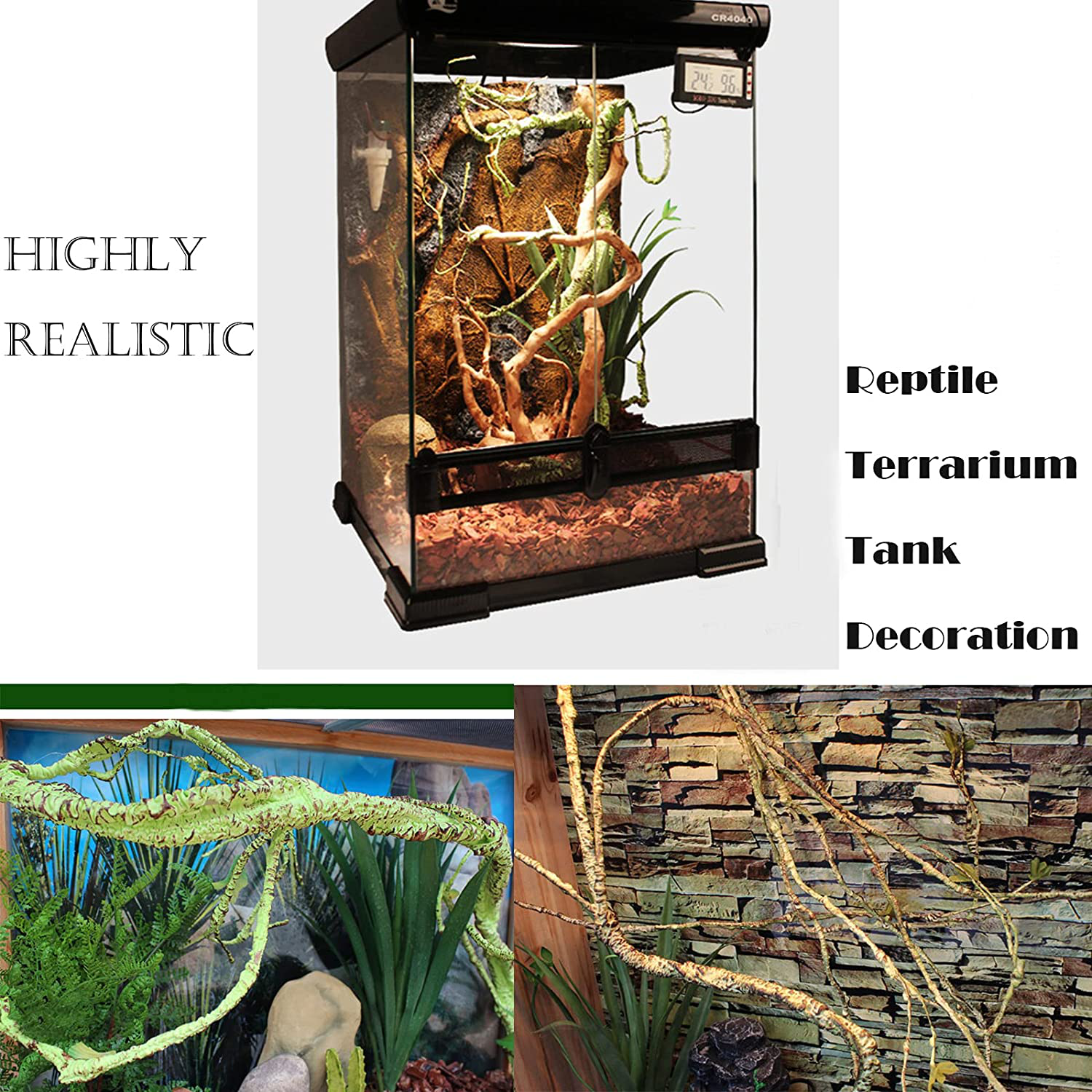 Artificial Bendable Jungle Vines Plants Greenery Bearded Dragon Leopard Crested Gecko Chameleon Lizard Snake Tank Cage Accessories, Plastic Reptile Terrarium Habitat Climbing Leaves Decor for Iguana