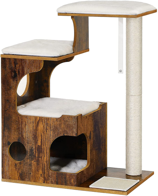 FEANDREA 33.9-Inch Cat Tower, Medium Cat Tree with 3 Beds and Cave, Cat Condo Made of MDF with Wood Veneer, Sisal Post and Washable Faux Fur, Vintage, Rustic Brown and White UPCT70HW Animals & Pet Supplies > Pet Supplies > Cat Supplies > Cat Furniture FEANDREA   