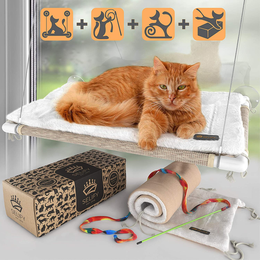 Selify Cat Window Perch - Free Fleece Blanket and Toy – Extra Large and Sturdy – Holds Two Large Cats – Easy to Assemble!