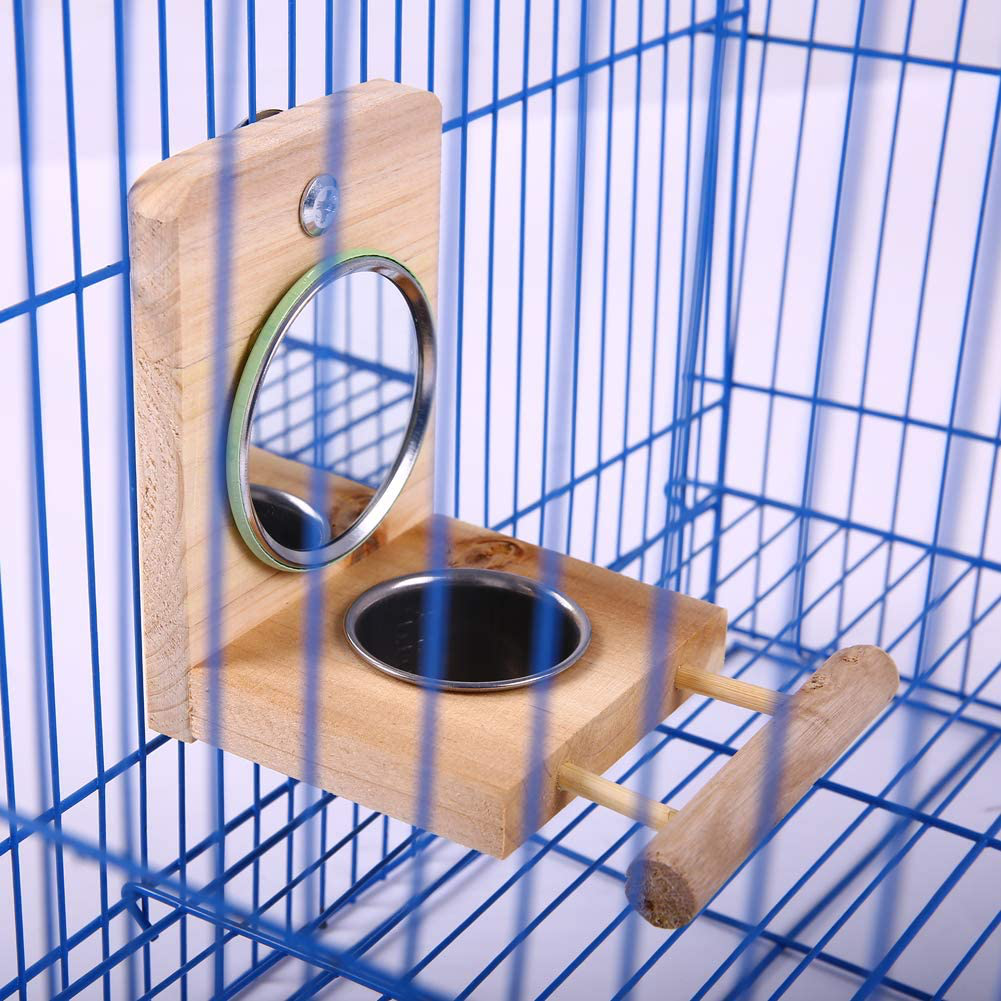 QBLEEV Parrots Mirror Play Stand Playpen,Birds Wooden Toys Perch Playground,Birdcage Playgym with Feeder Cups Dishes for Macaws Lovebird Cockatoo Parakeet Conure Finch Cockatiels
