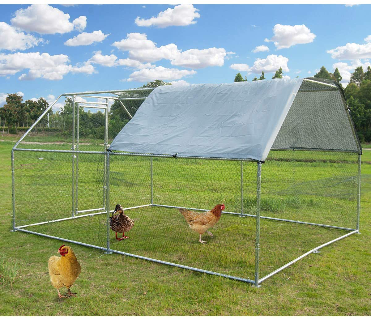 Large Metal Chicken Coop Walk-In Poultry Cage Hen Run House Rabbits Habitat Cage Flat Roofed Cage with Waterproof and Anti-Ultraviolet Cover for Outdoor Backyard Farm Use (9.2' L X 12.5' W X 6.4' H)