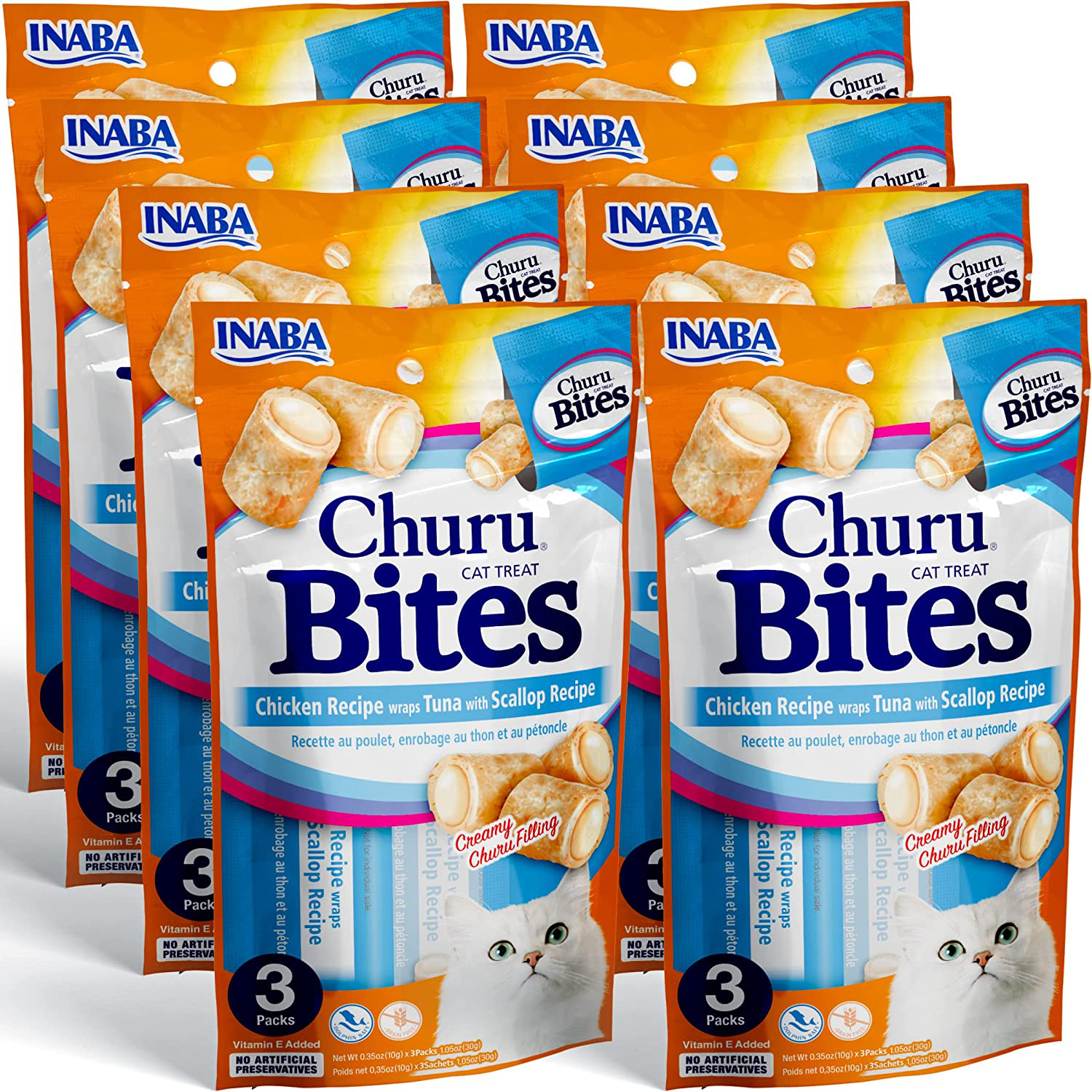 INABA Churu Bites for Cats, Grain-Free, Soft/Chewy Baked Chicken Wrapped Churu Filled Cat Treats with Vitamin E, 0.35 Ounces Each Tube| 24 Tubes Total (3 per Pack) Animals & Pet Supplies > Pet Supplies > Cat Supplies > Cat Treats INABA Tuna with Scallop Recipe  