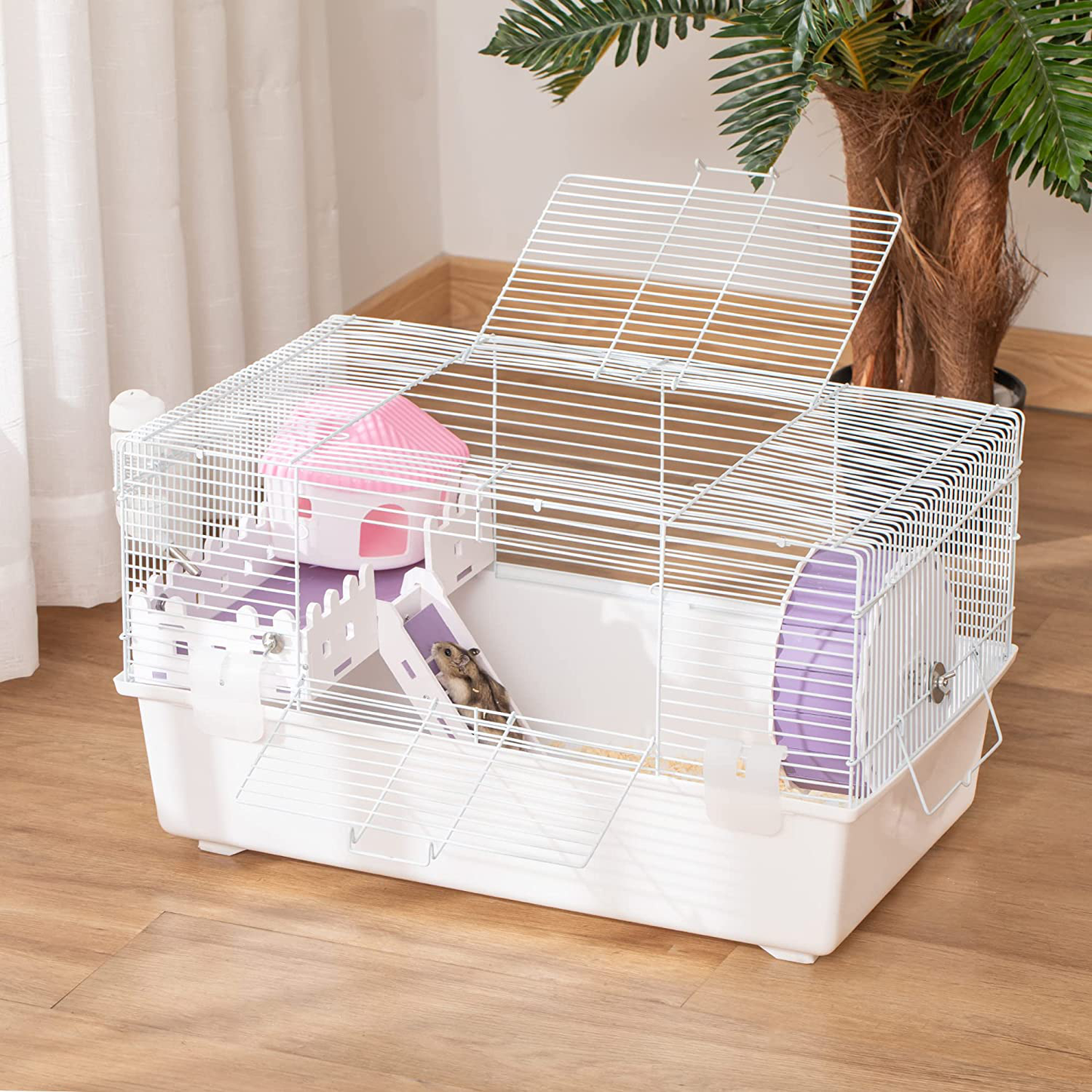 Pawhut 2 Tier Hamster Cage Gerbil Haven Multi-Storey Rodent House Small Animal Habitat with Water Bottle, Excise Wheel, Ladder, Hut, White Animals & Pet Supplies > Pet Supplies > Small Animal Supplies > Small Animal Habitats & Cages PawHut   