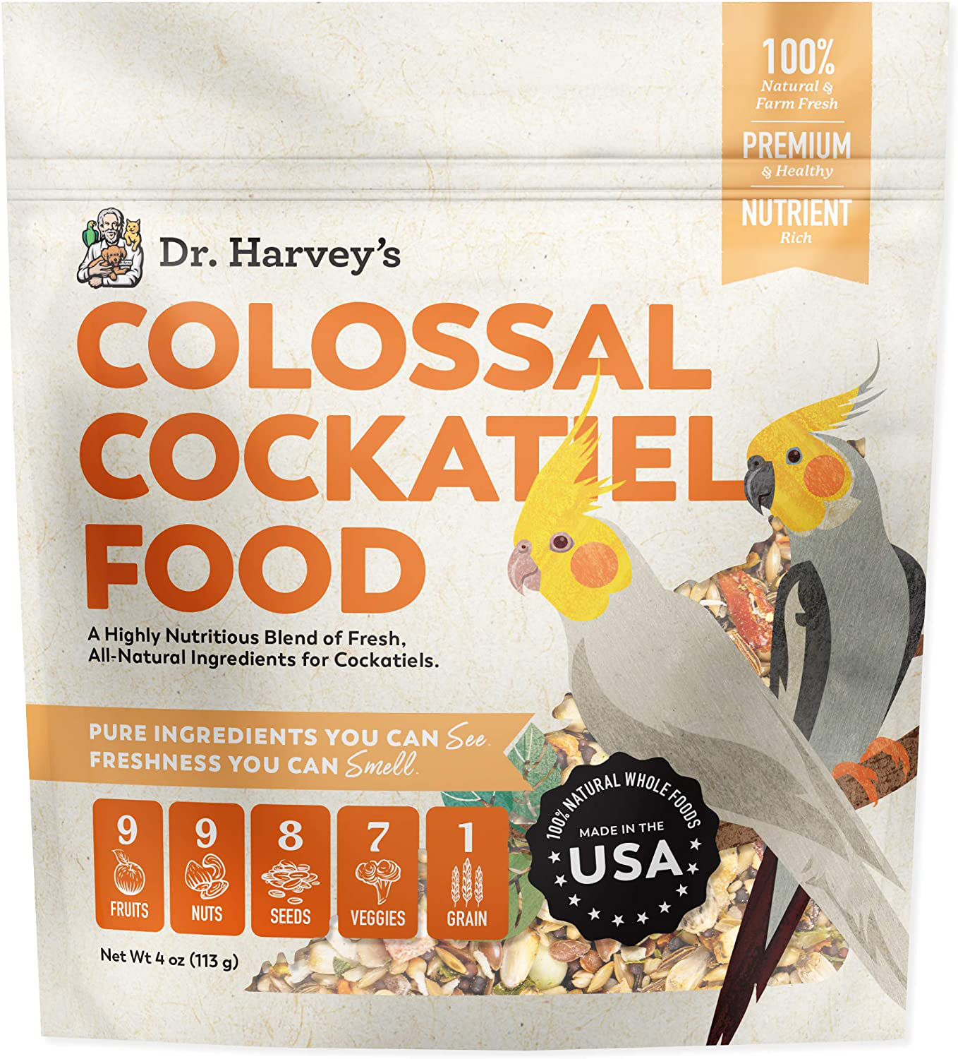 Dr. Harvey'S Colossal Cockatiel Food, All Natural Daily Food for Cockatiels Animals & Pet Supplies > Pet Supplies > Bird Supplies > Bird Food Dr. Harvey's 4 Ounce (Pack of 1)  