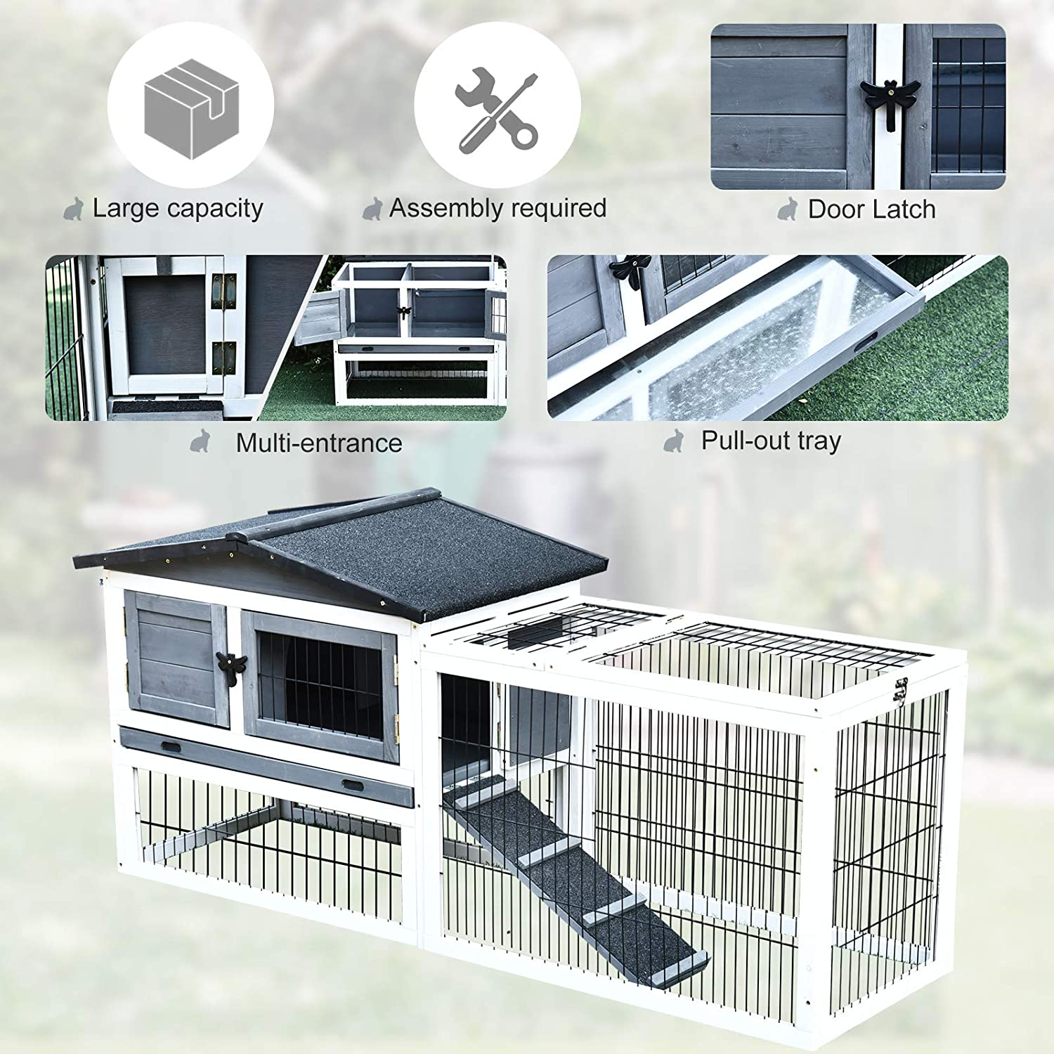 Pawhut Fir Wood Rabbit Hutch with 2 Story Design, Bunny Cage Run with Patio, Asphalt Roof and Pull Out Tray, Grey Animals & Pet Supplies > Pet Supplies > Small Animal Supplies > Small Animal Habitats & Cages PawHut   