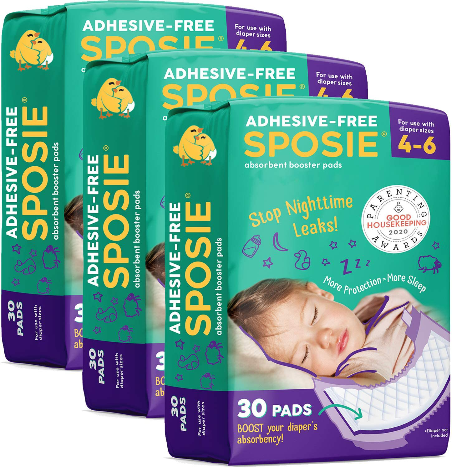 Sposie Overnight Diaper Booster Pads, 90 Ct, No Adhesive for Easy Repositioning, Helps Stops Nighttime Leaks, Fits Diaper Sizes 4-6