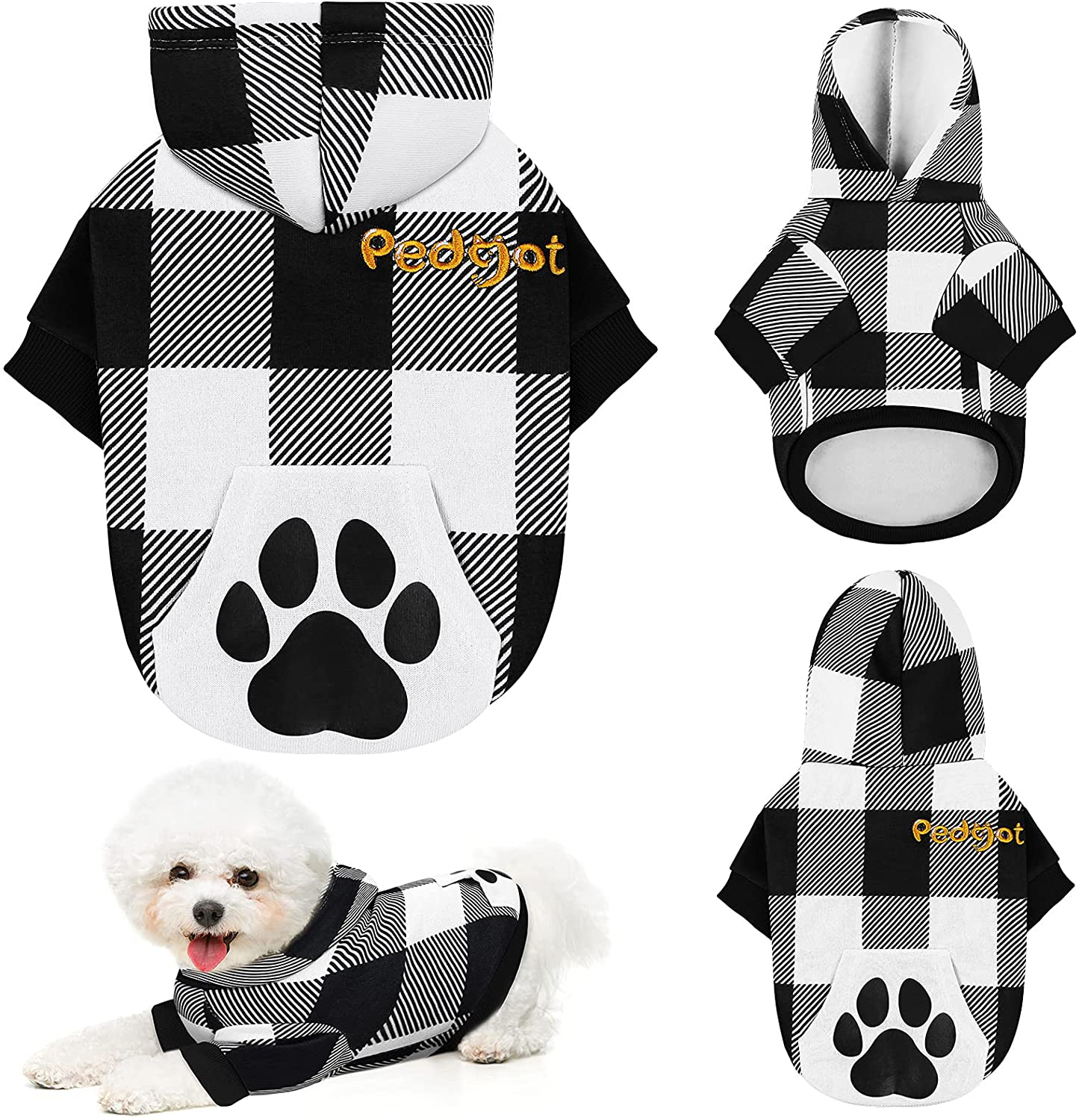Pedgot Plaid Dog Hoodie Pet Clothes with Hat Pet Sweaters for Dogs Puppies Cats Clothes with Dog Footprints Patterns Pocket, Warm, Soft and Breathable Animals & Pet Supplies > Pet Supplies > Dog Supplies > Dog Apparel Pedgot Black and White Large 