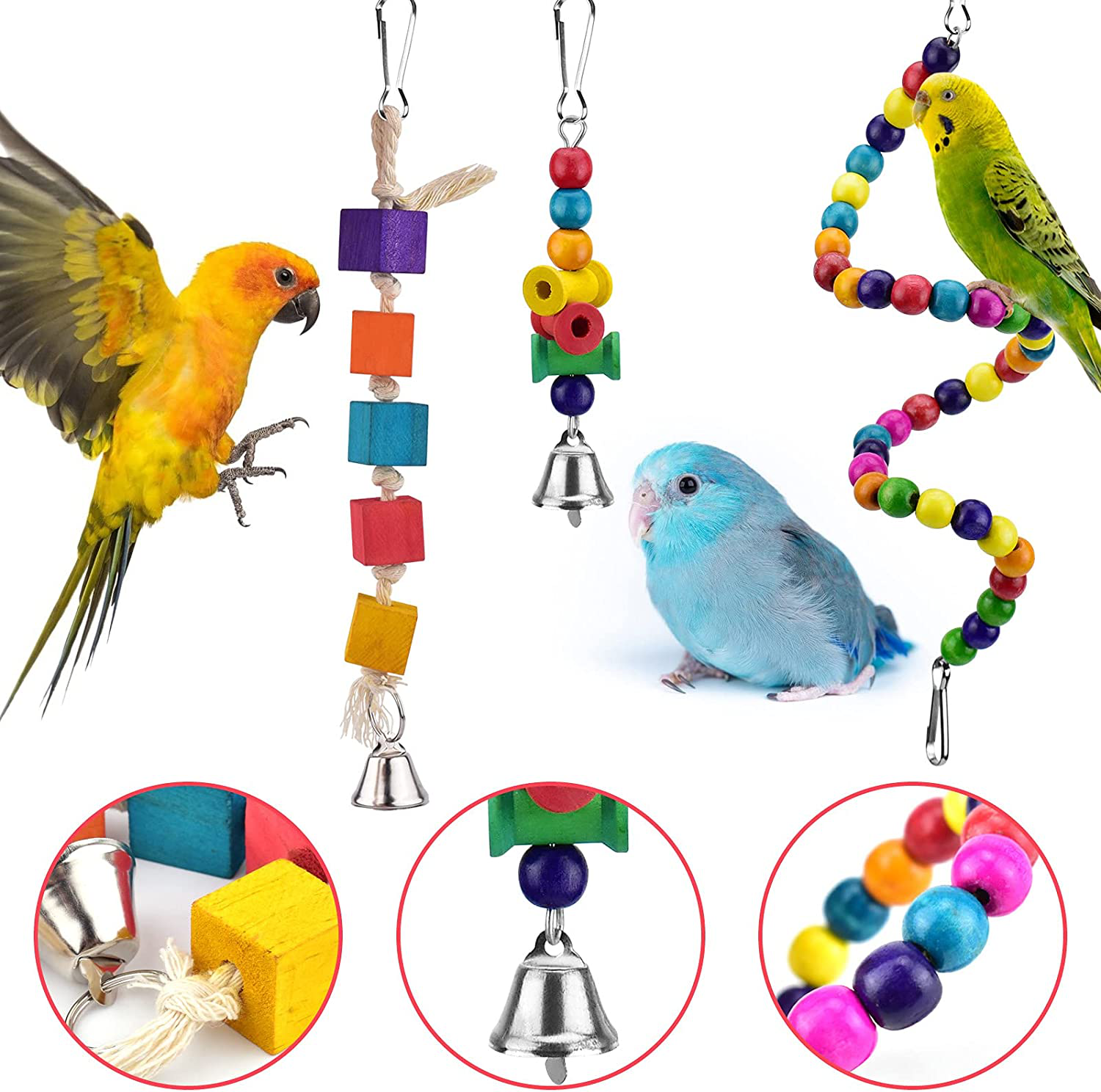 KATUMO Bird Toys, Natural Coconut Bird House with Colorful Ladder Hanging Chewing Toys Hammock Climbing Ladder Bird Colorful Toys with Bells for Parakeet, Conure, Cockatiel, Mynah, Love Birds, Finch