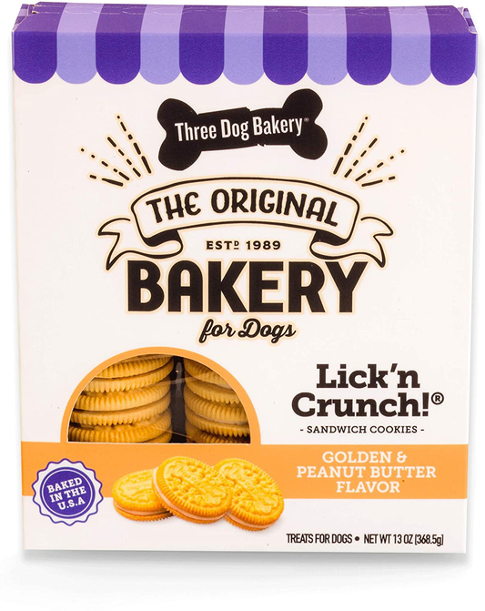 Three Dog Bakery Lick'N Crunch Sandwich Cookies, Golden & Vanilla Flavor, Premium Treats for Dogs, 13 and 8 Ounces