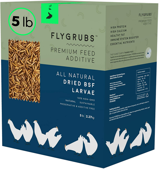 FLYGRUBS Superior to Dried Mealworms for Chickens (5 Lbs & 1Lb) - Non-Gmo - 85X More Calcium than Meal Worms - Chicken Feed & Molting Supplement - BSF Larvae Treats for Hens, Ducks, Birds Animals & Pet Supplies > Pet Supplies > Bird Supplies > Bird Treats FLYGRUBS 5lbs  