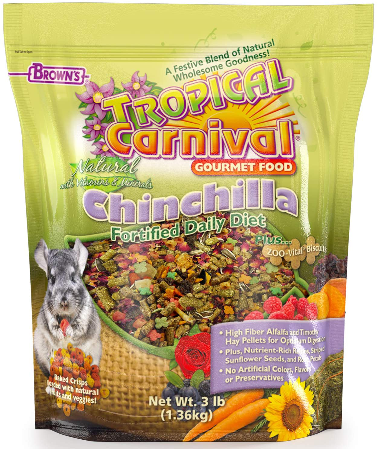 F.M. Brown'S Tropical Carnival Natural Chinchilla Food, 3-Lb Bag - Vitamin-Nutrient Fortified Daily Diet with High Fiber Alfalfa and Timothy Hay Pellets for Optimum Digestion Animals & Pet Supplies > Pet Supplies > Small Animal Supplies > Small Animal Food Tropical Carnival   