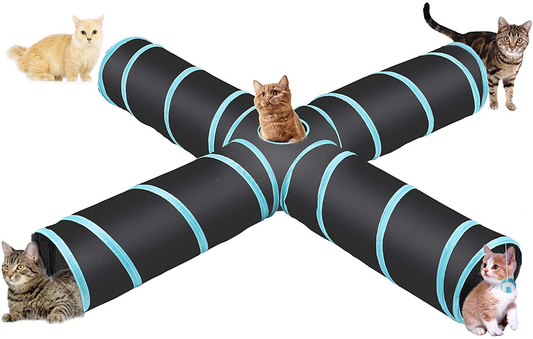 CO-Z 4 Way Collapsible Cat Tunnel, Roomy and Tear Resistant Crinkle Cat Toy Tube with Cat Teaser, Storage Bag and Dangling Toys, for Cat, Puppy, Kitty, Kitten, Rabbit, Dogs, Indoor Outdoor Use
