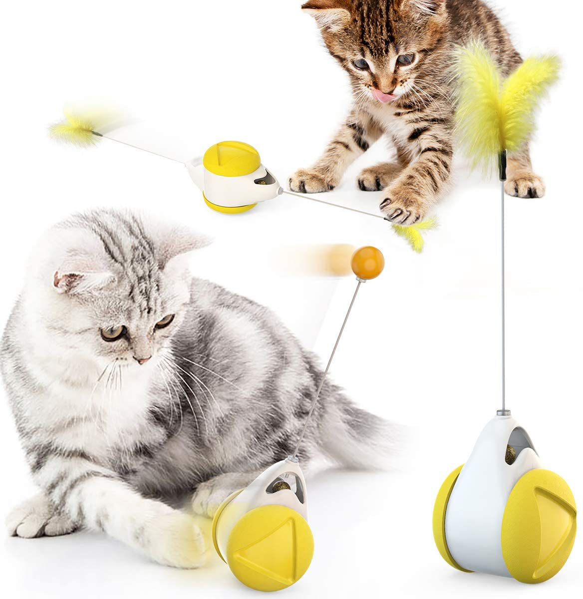 Interactive Cat Chasing Toys for Indoor Cats, Kitten Chaser Toys with Feather Catnip Ball, Tumbler Balanced Exercise Wheel Toy for Cats Kitten Chasing Hunting Playing Animals & Pet Supplies > Pet Supplies > Cat Supplies > Cat Toys Cazkal Yellow  
