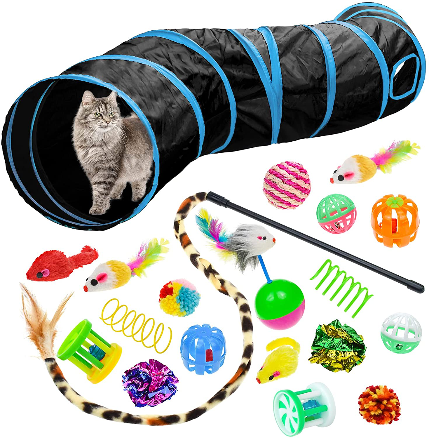 Malier 20 PCS Cat Kitten Toys Set, Collapsible Cat Tunnels for Indoor Cats, Interactive Cat Feather Toy Fluffy Mouse Crinkle Balls Toys for Cat Puppy Kitty Kitten Rabbit (A-Rainbow) Animals & Pet Supplies > Pet Supplies > Cat Supplies > Cat Toys Malier Black  