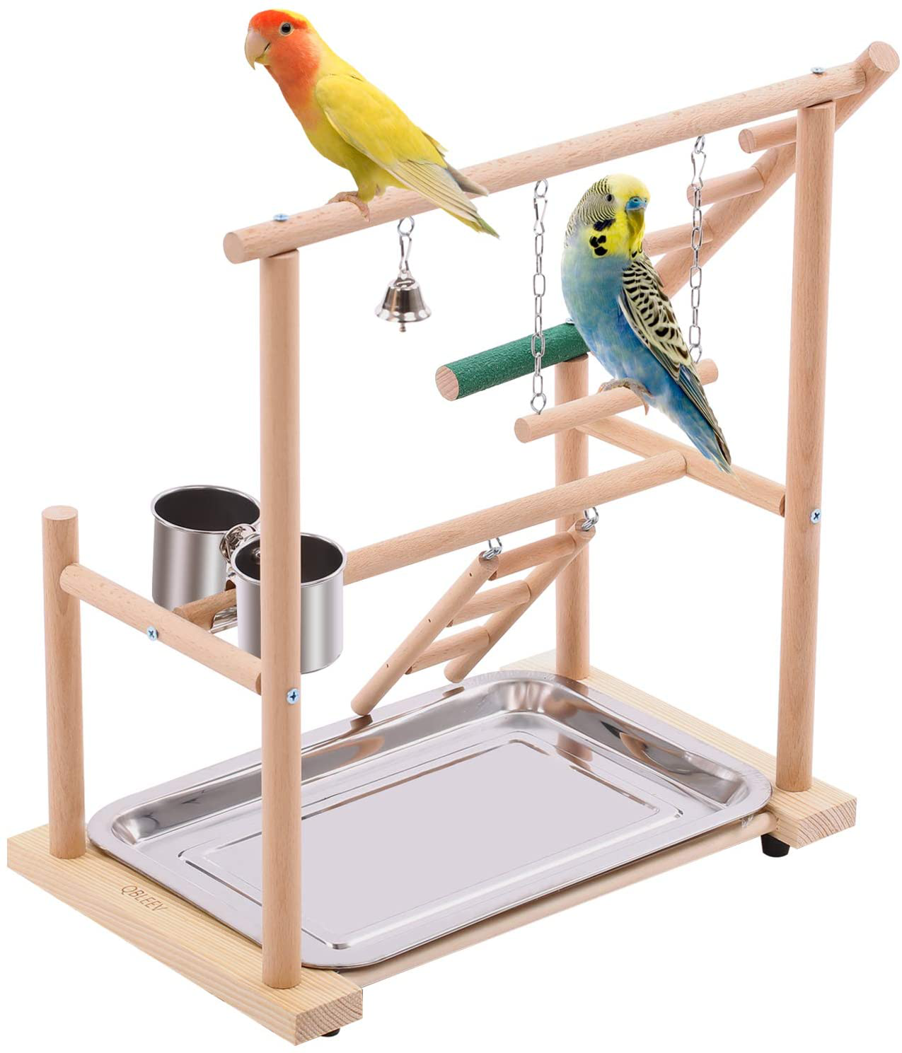 QBLEEV Bird Play Stand Parrots Playground Wooden Stick Perch，Bird Playpen Exercise Gym with Ladder Feeder Cup Bell Swing，Parrot Play Climb Gym for Parakeet Cockatiel Conure(Include a Tray) Animals & Pet Supplies > Pet Supplies > Bird Supplies > Bird Gyms & Playstands QBLEEV   