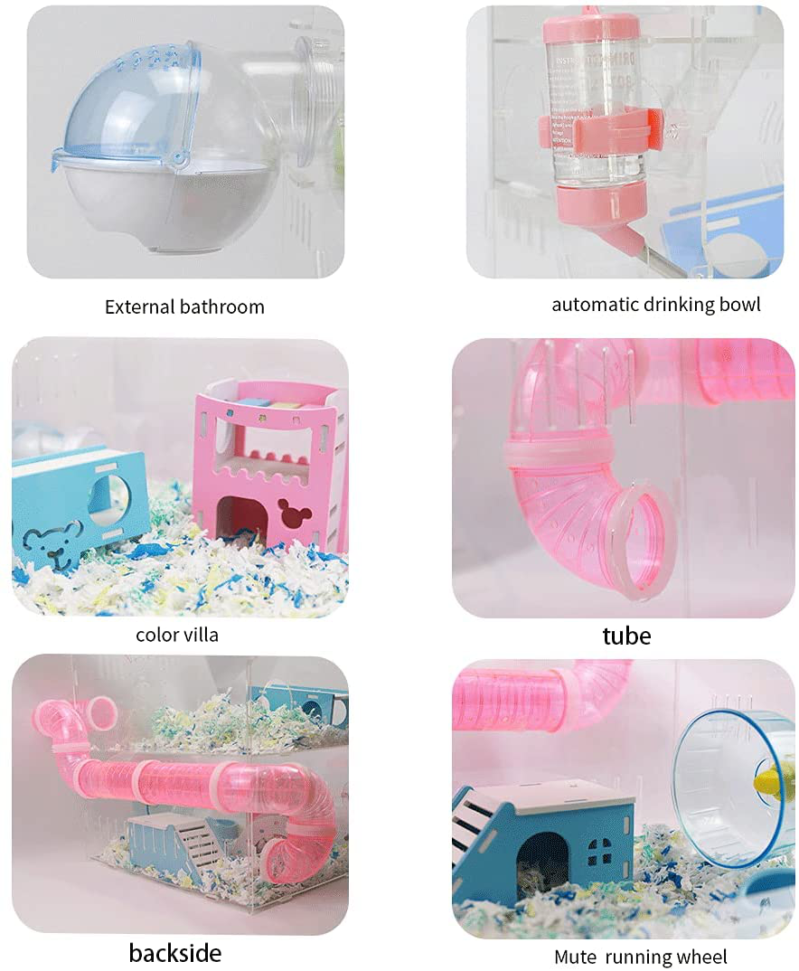 Mousebro Multilevel Transparent Hamster Cage - Small Animal Cage for Hamster, Gerbils,Including Free Bedding,Colorful Villa,Swing, Water Bottle, Exercise Wheel, Food Dish
