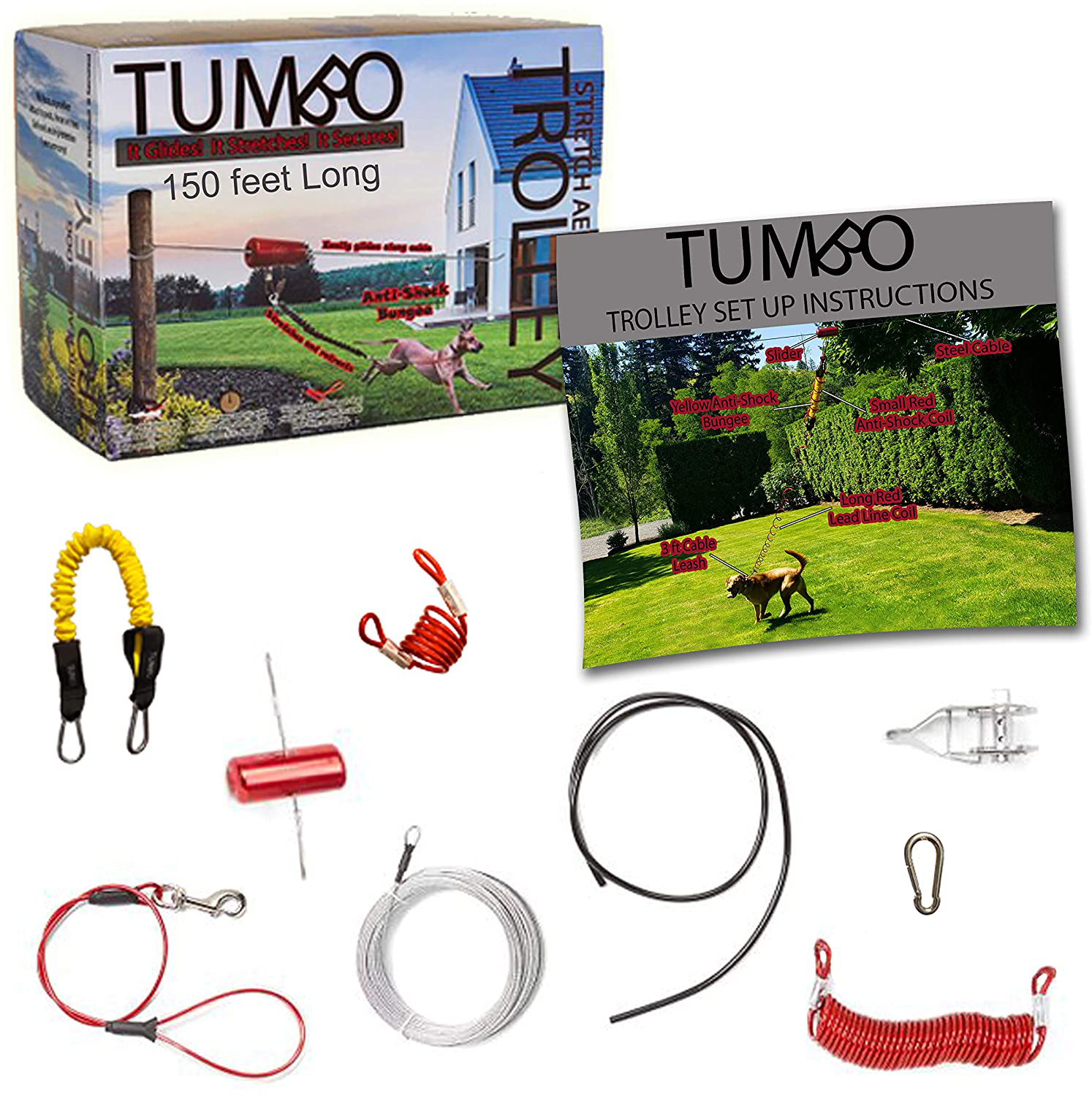 Tumbo Trolley Dog Containment System - Stretching Coil Cable with Anti-Shock Bungee (Safer and Less Tangles) Aerial Dog Tie Out Animals & Pet Supplies > Pet Supplies > Dog Supplies > Dog Kennels & Runs Tumbo 150 ft Regular Trolley  