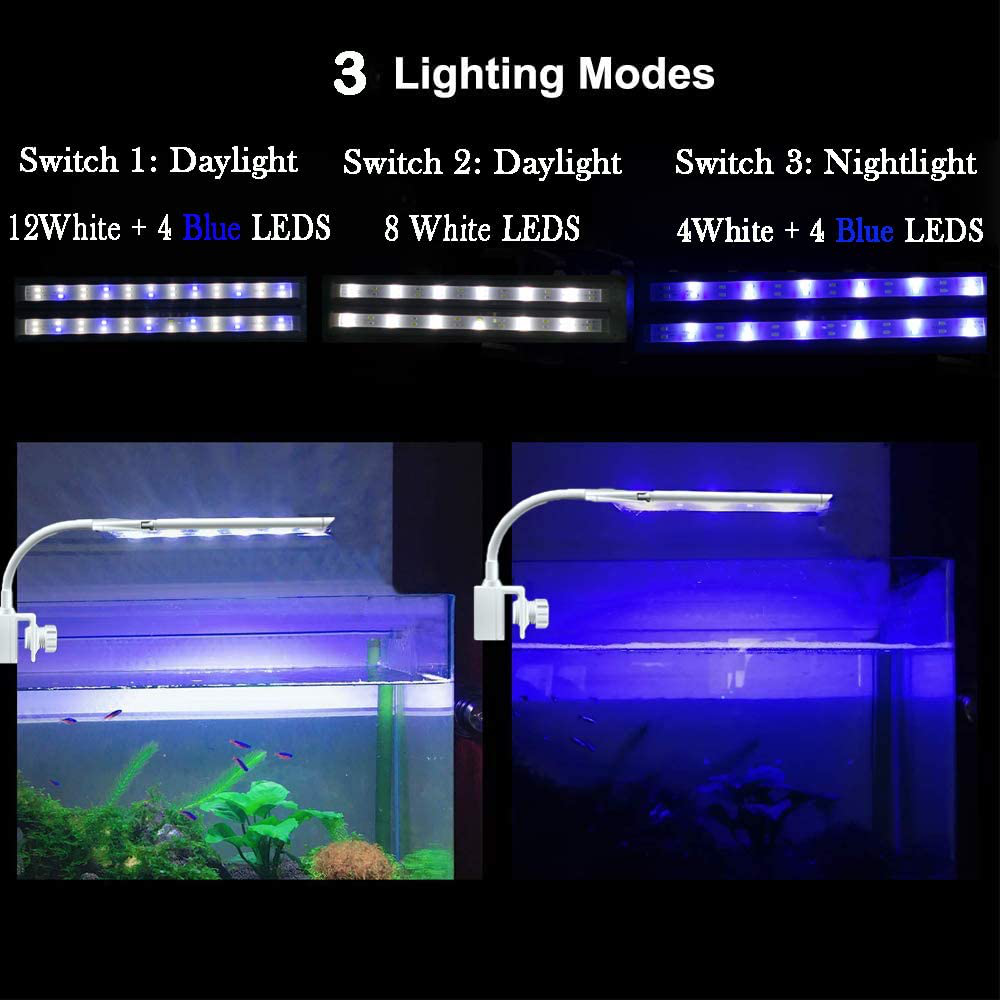 Jacksuper 7500K Aquarium LED Light, 3 Modes Adjustable Brightness 180° Adjustable Light Shell for Reef Fish Tank Plant Growth Blue & White Leds 360° Rotatable LED Light