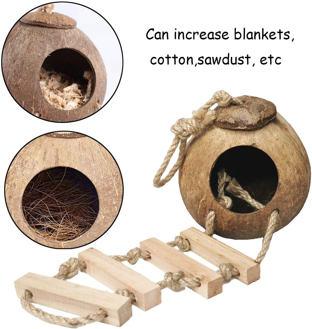 PINVNBY Natural Coconut Hut Hamster Hiding House Pet Cave Small Animal Cage Habitat Decor Hanging Guinea Pig Toys with Ladder for Gerbils Mice Rats Playing Breeding 3PCS Animals & Pet Supplies > Pet Supplies > Small Animal Supplies > Small Animal Habitats & Cages PINVNBY   