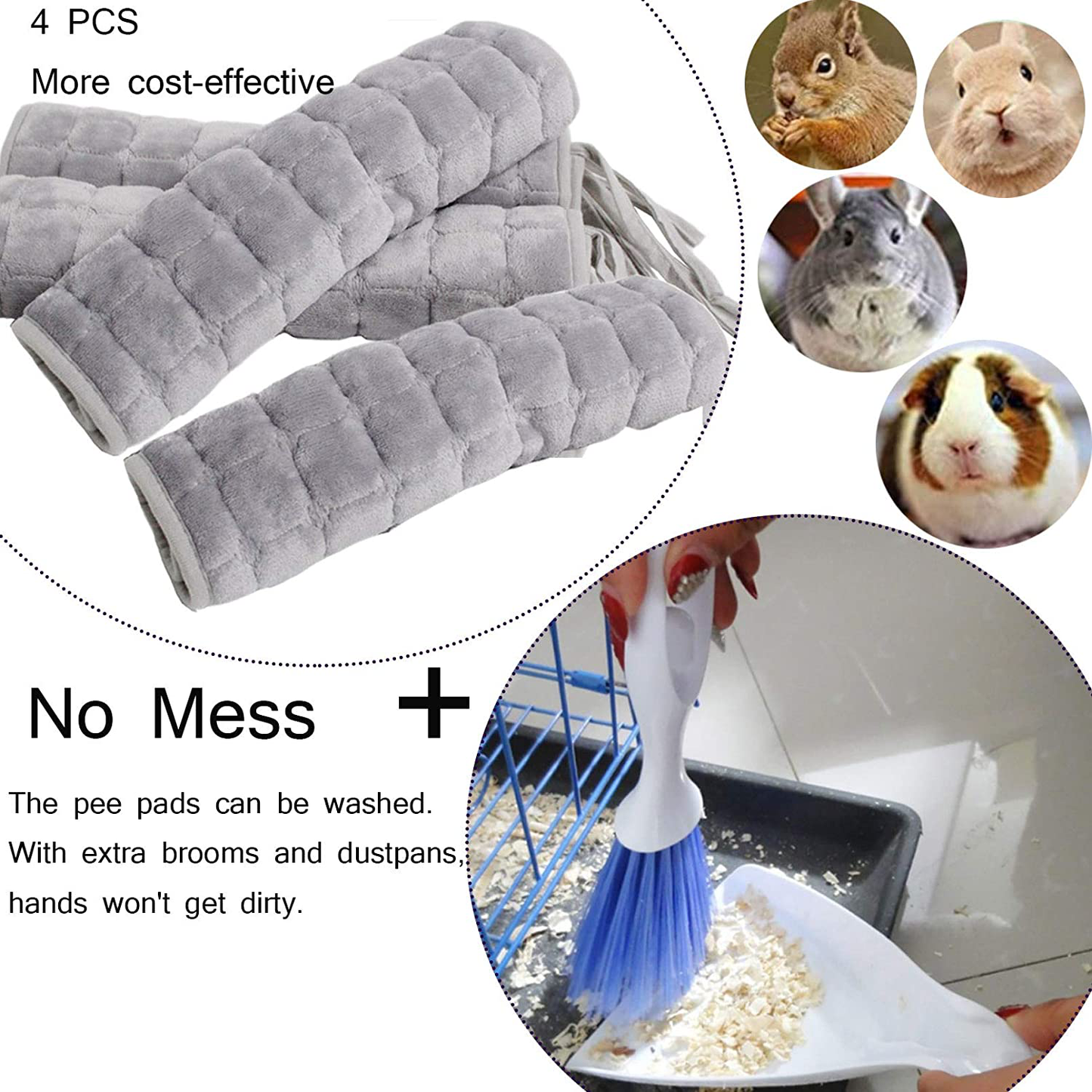 Hamiledyi Guinea Pig Fleece Cage Liners - 4 Pack Washable Guinea Pig Pee Pads, Reusable and anti Slip Guinea Pig Bedding Fast Absorbent Pee Pad for Small Animals with Broom and Dustpan Animals & Pet Supplies > Pet Supplies > Small Animal Supplies > Small Animal Bedding Hamiledyi   