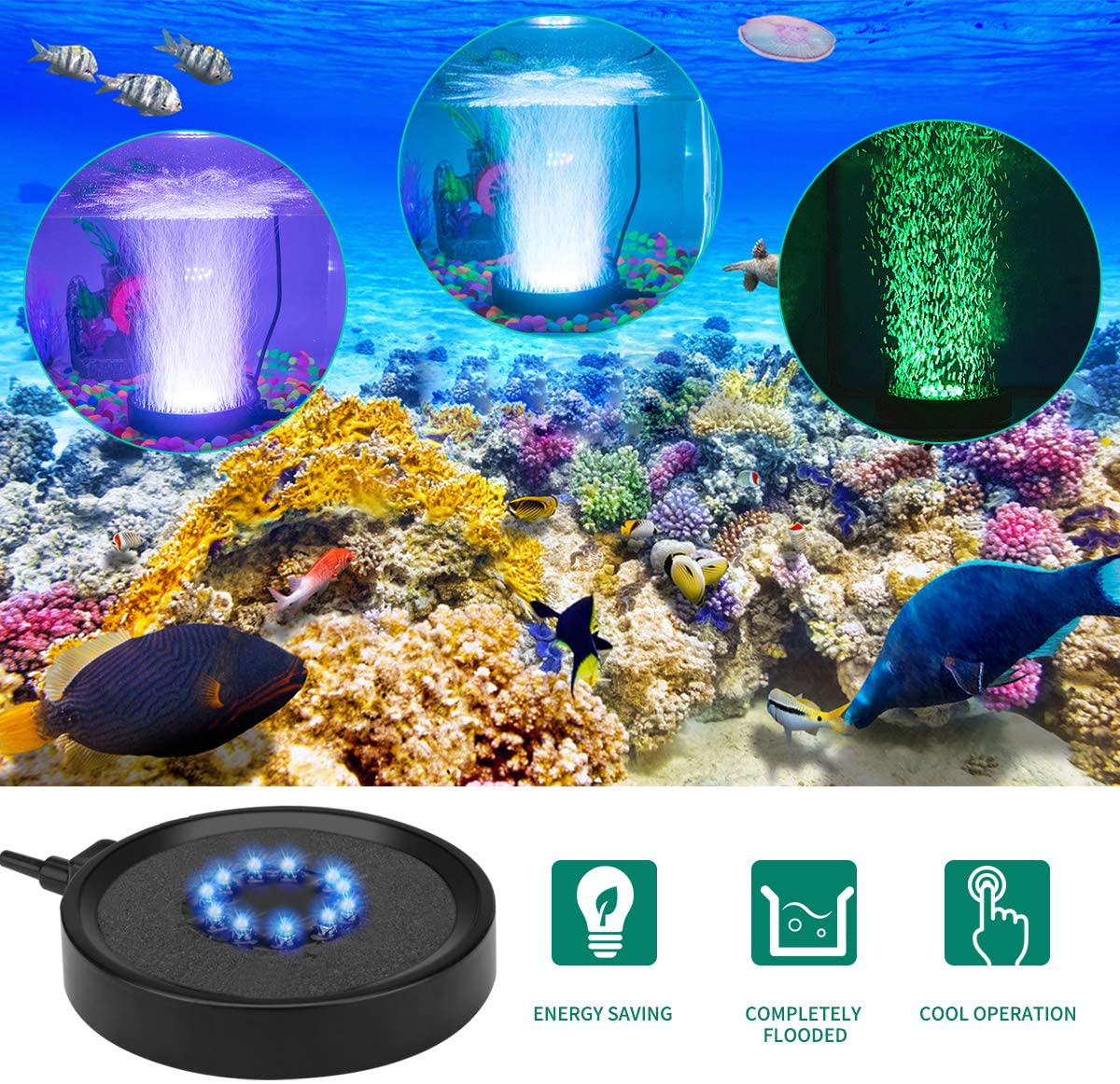Number-One Aquarium Bubble Light LED Fish Tank Bubbler Light, Remote Controlled Aquariums Air Stone Disk Lamp with 16 Color Changing, 4 Lighting Effects for Fish Tanks and Fish Ponds