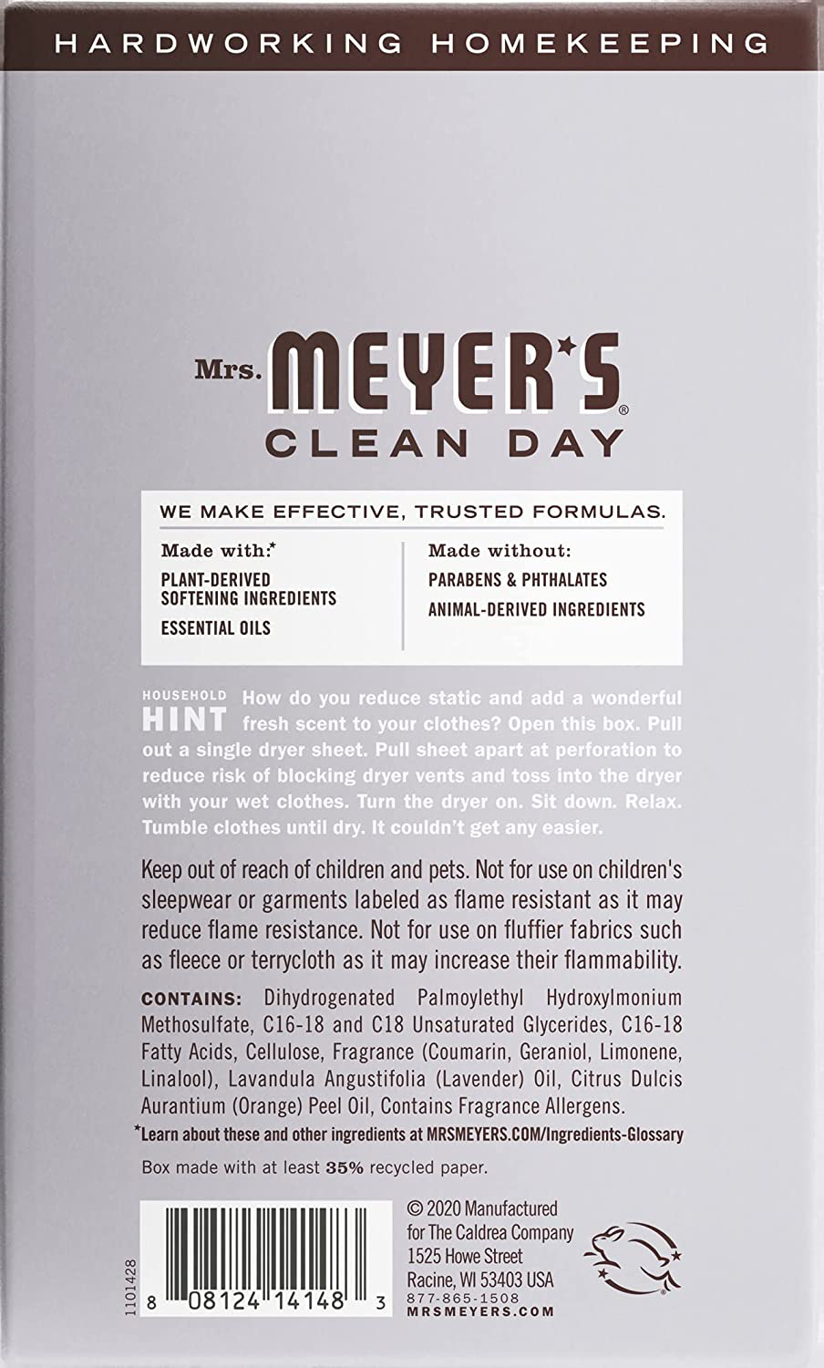 Mrs. Meyer'S Clean Day Dryer Sheets, Fabric Softener, Reduces Static, Cruelty Free Formula Infused with Essential Oils, Lavender Scent, 80 Count