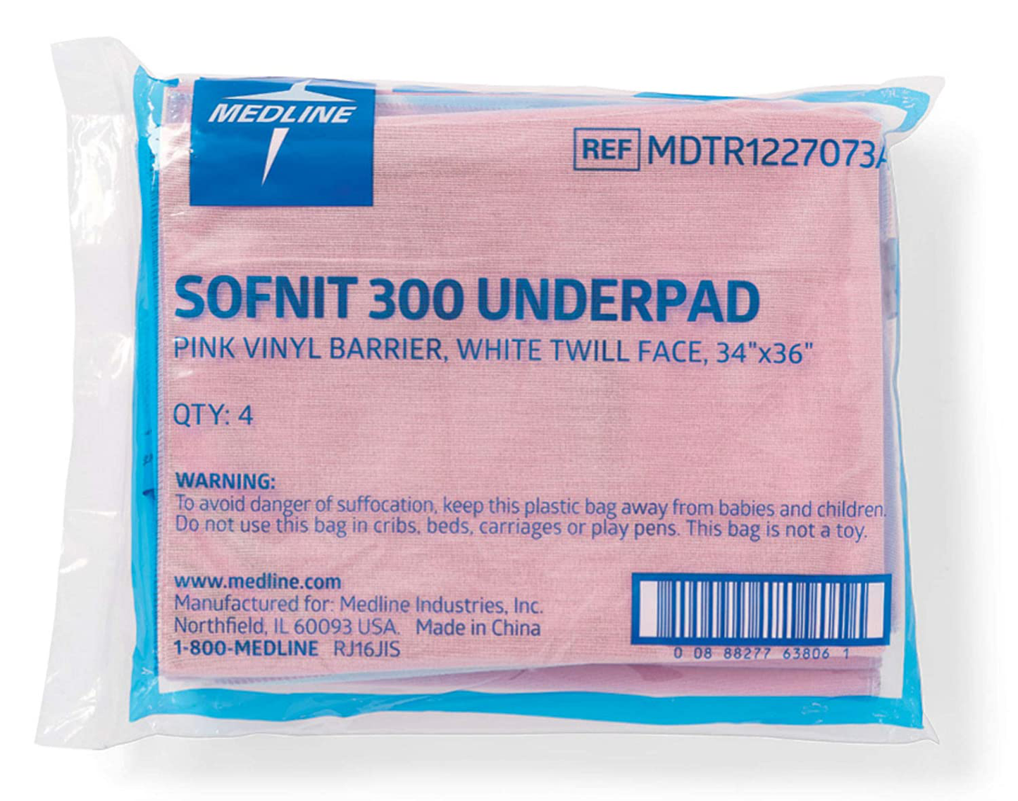 Medline Softnit 300 Washable Underpads, Pack of 4 Large Bed Pads, 34" X 36", for Use as Incontinence Bed Pads, Reusable Pet Pads, Great for Dogs, Cats, and Bunny