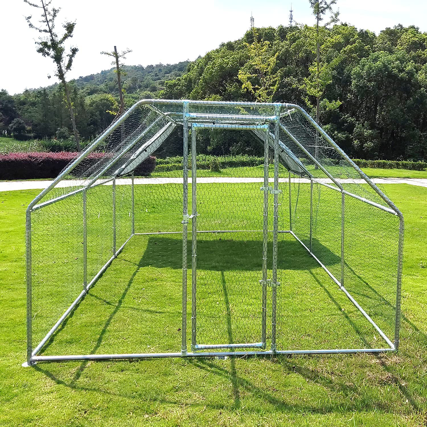 Hiwokk Large Metal Chicken Coop Walk-In Cage Chicken Run Duck House Chicken Pen Dog Kennel Flat Roofed Cage with Waterproof and Anti-Ultraviolet Cover for Outdoor Farm Use（9.2' L X 18.4' W X 6.4' H） Animals & Pet Supplies > Pet Supplies > Dog Supplies > Dog Kennels & Runs HIWOKK   