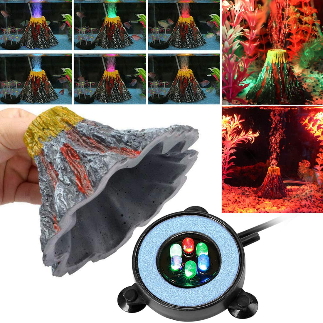Aquarium Volcano Decoration Kits, 5W Colored Air Bubble Lights with 6 Leds, Aquarium Decoration Lamps with Air Pump