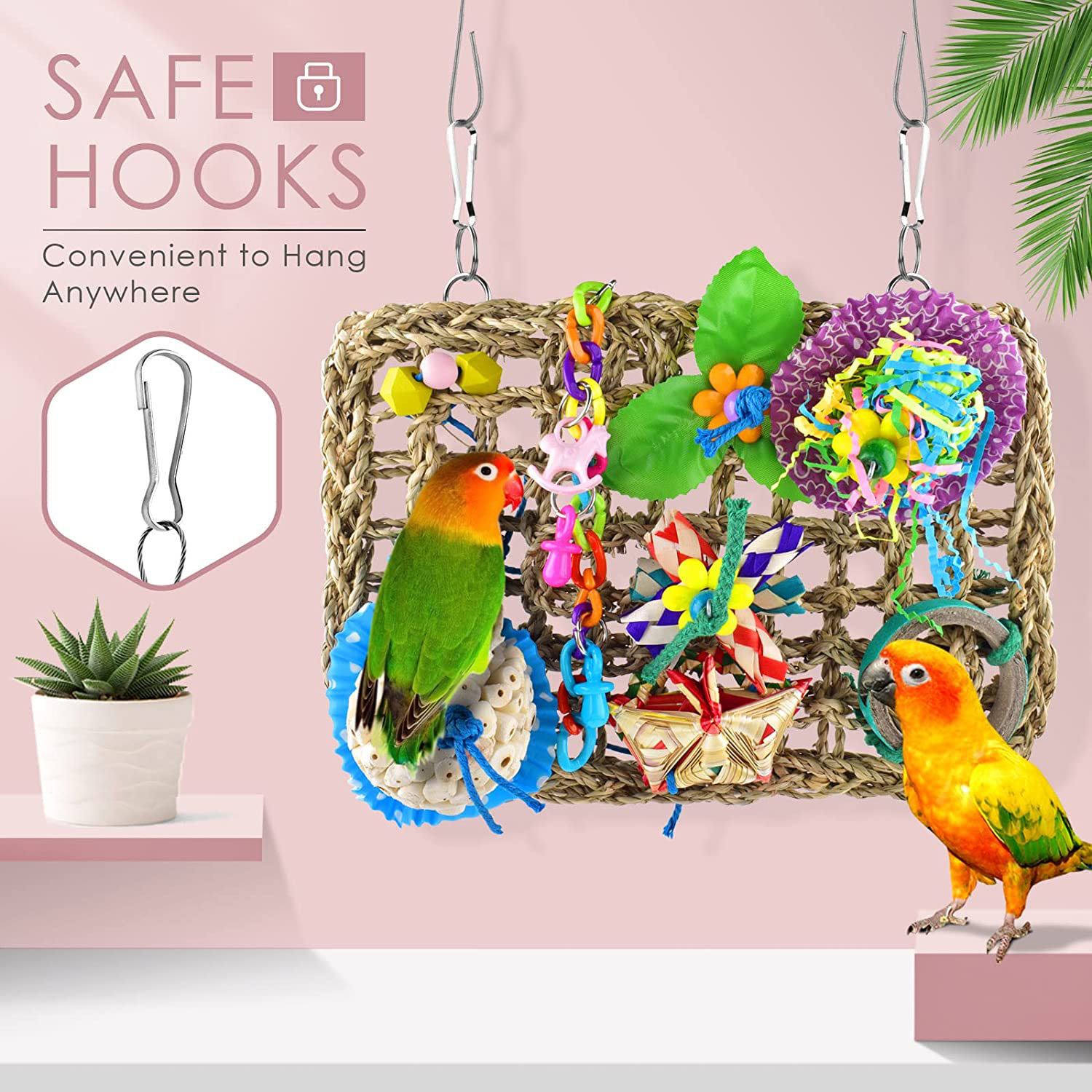 KATUMO Bird Toys, Bird Foraging Wall Toy Edible Seagrass Woven Climbing Hammock Mat with Natural Sola Cake Ball Colorful Chew Toys for Parakeet, Budgerigar, Conure, Cockatiel, Lovebird, Parrots Animals & Pet Supplies > Pet Supplies > Bird Supplies > Bird Toys KATUMO   