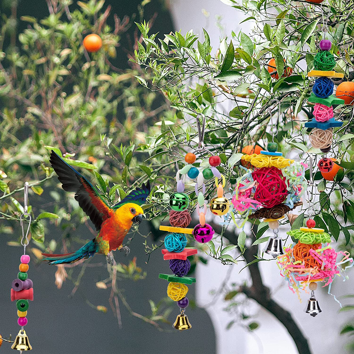 Ebaokuup 10 Packs Bird Swing Chewing Toys- Parrot Hammock Bell Toys Parrot Cage Toy Bird Perch with Wood Beads Hanging for Small Parakeets, Cockatiels, Conures, Finches,Budgie,Parrots, Love Birds
