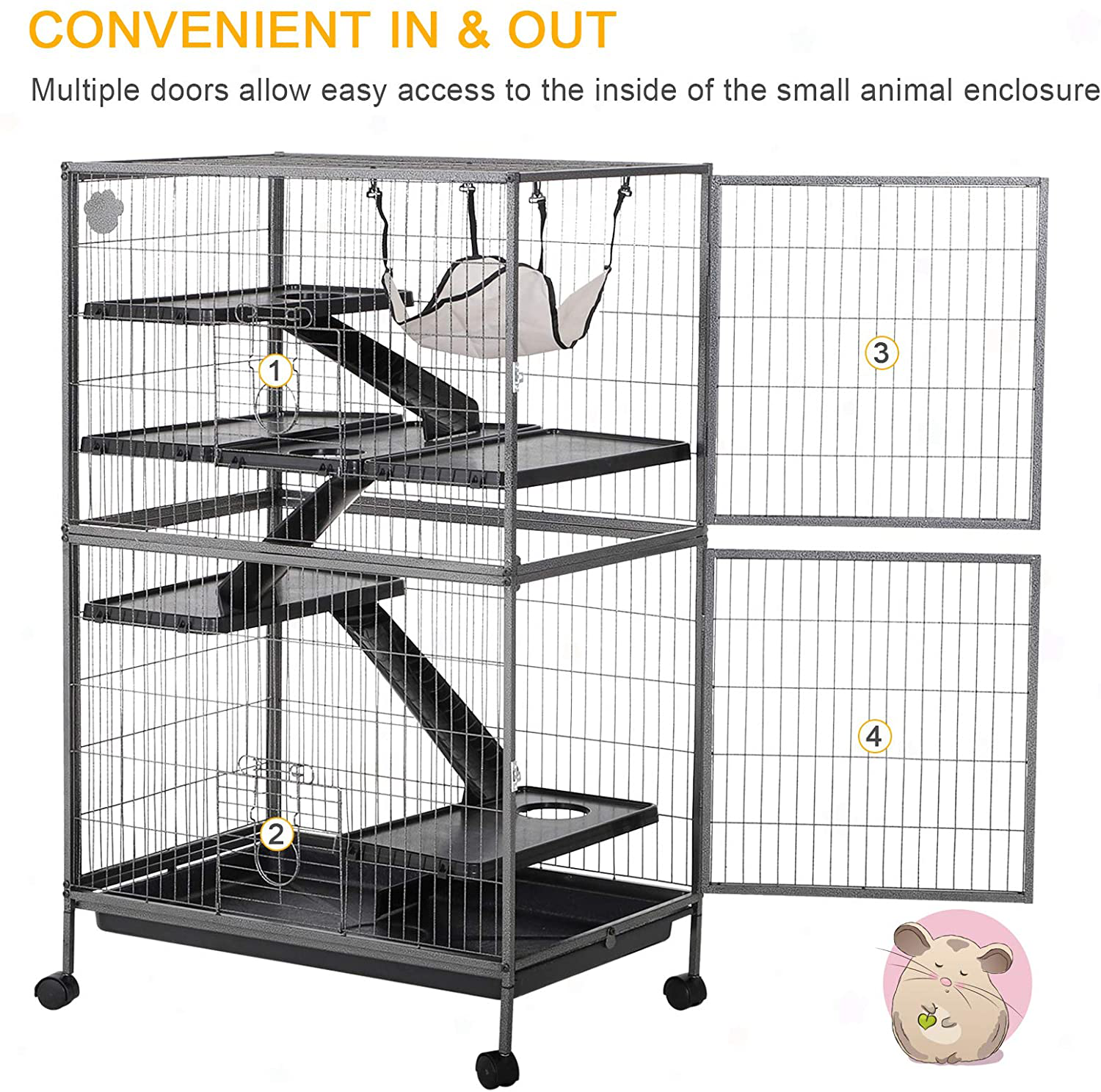 Pawhut 50" H 4 Tier Steel Plastic Small Animal Pet Cage Kit for Little Rabbit Guinea Pig Ferret with Wheels Brakes Hammock Removable Tray - Silver Grey Hammertone