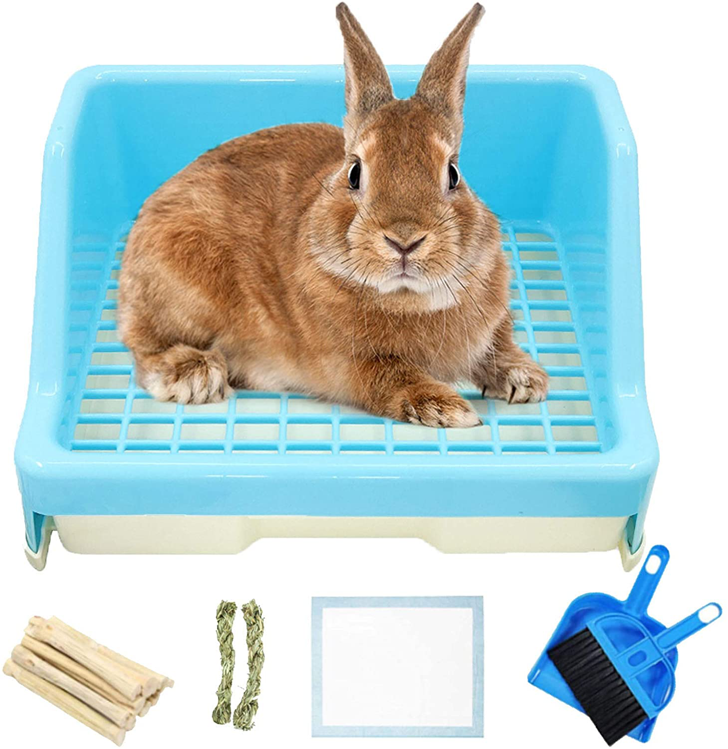 Hamiledyi 14 Pcs Rabbit Litter Box with Drawer Urinal Pad Pet Toilet Cage Trainer Corner Potty Cleaner Broom Brush Dustpan for Guinea Pigs Chinchilla Ferret Bunny Hedgehog Small Animals Animals & Pet Supplies > Pet Supplies > Small Animal Supplies > Small Animal Bedding Hamiledyi blue  