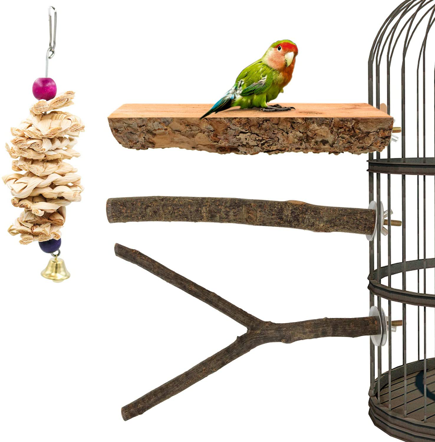 Roundler 3 Pack Apple Wood Bird Perch for Cage, Natural Wooden Parrot Perch Stand Platform Exercise Climbing Paw Grinding Toy Playground Accessories for Parakeet, Conure, Cockatiel, Budgie, Lovebirds Animals & Pet Supplies > Pet Supplies > Bird Supplies > Bird Cage Accessories Roundler H01  