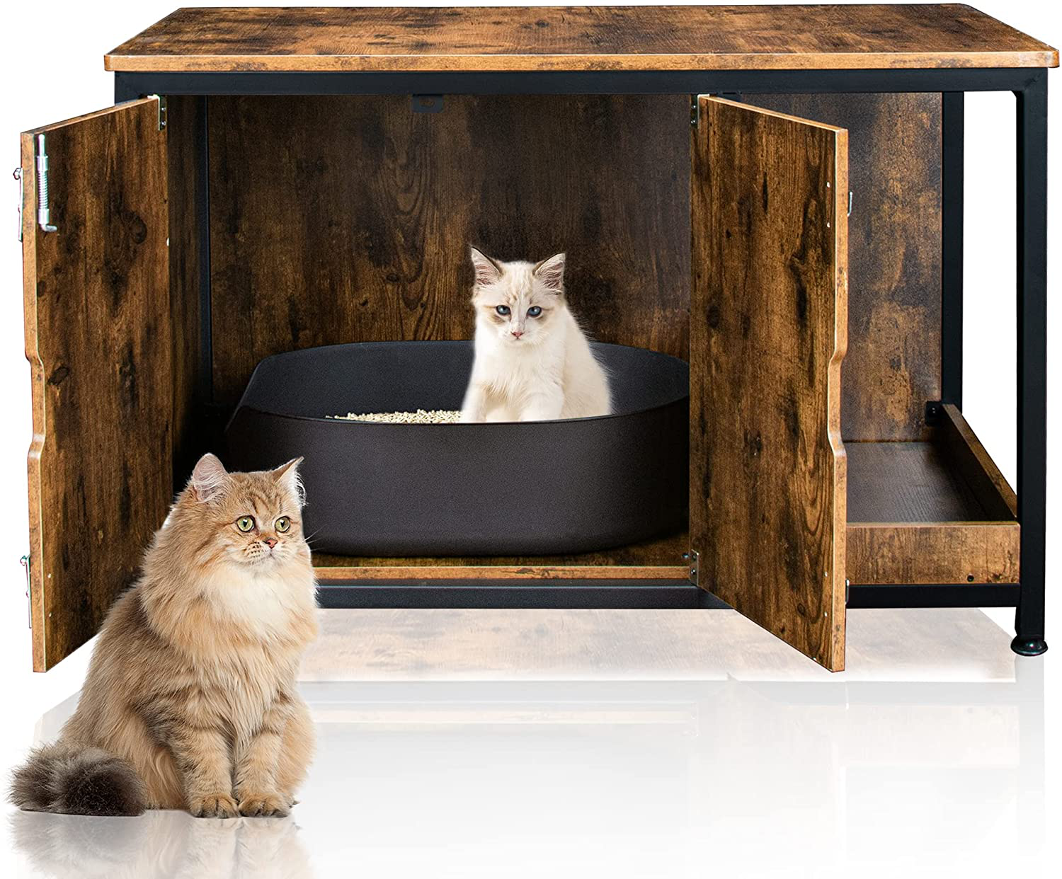 TADASA 37'' Large Cat Litter Box Enclosure, Hidden Kitty Litter Box Furniture, Indoor Cat House, Dog Proof Cat Litter Box Furniture as End Table with Double Doors, Rustic Brown and Black Animals & Pet Supplies > Pet Supplies > Cat Supplies > Cat Furniture TADASA   