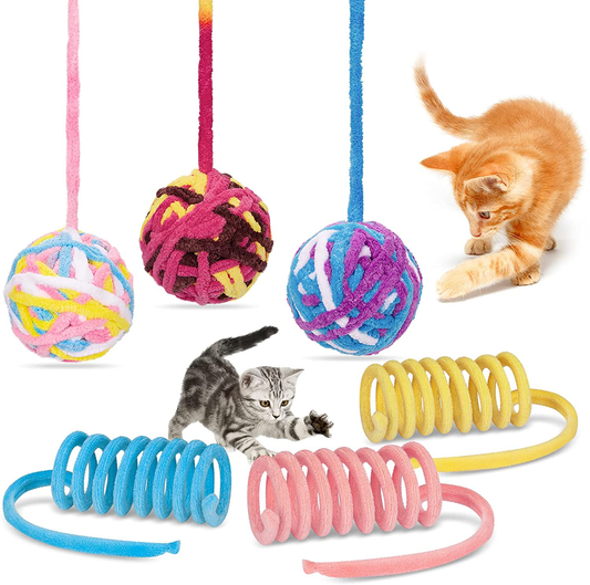 Cat Toy Balls, Woolen Yarn Cat Ball with Bell inside and Cat Spring Toys, Cat Toys for Indoor Cats, Interactive Cat Chew Toys for Kittens, 6 Pack