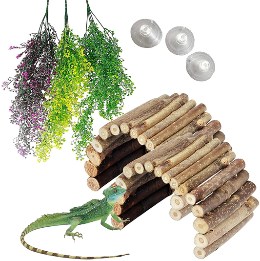 PINVNBY Reptile Soft Bendable Wooden Ladder Bridge Hideout Bearded Dragon Artificial Plastic Vines Plant with Suction Cup Cave Reptile Habitat Accessory for Lizard Bearded Dragon Gecko Chameleon Snake Animals & Pet Supplies > Pet Supplies > Reptile & Amphibian Supplies > Reptile & Amphibian Habitat Accessories PINVNBY   