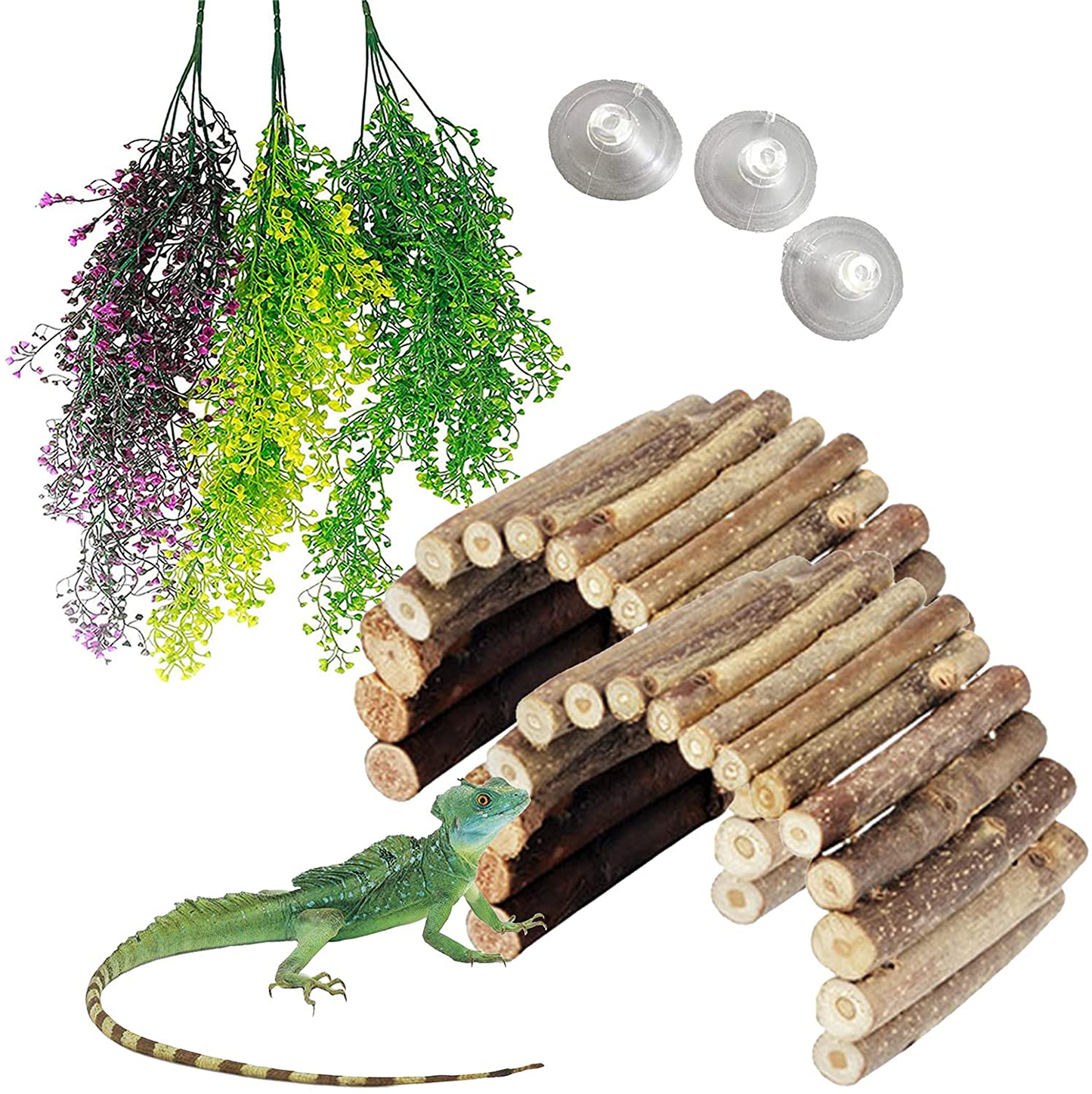 PINVNBY Reptile Soft Bendable Wooden Ladder Bridge Hideout Bearded Dragon Artificial Plastic Vines Plant with Suction Cup Cave Reptile Habitat Accessory for Lizard Bearded Dragon Gecko Chameleon Snake