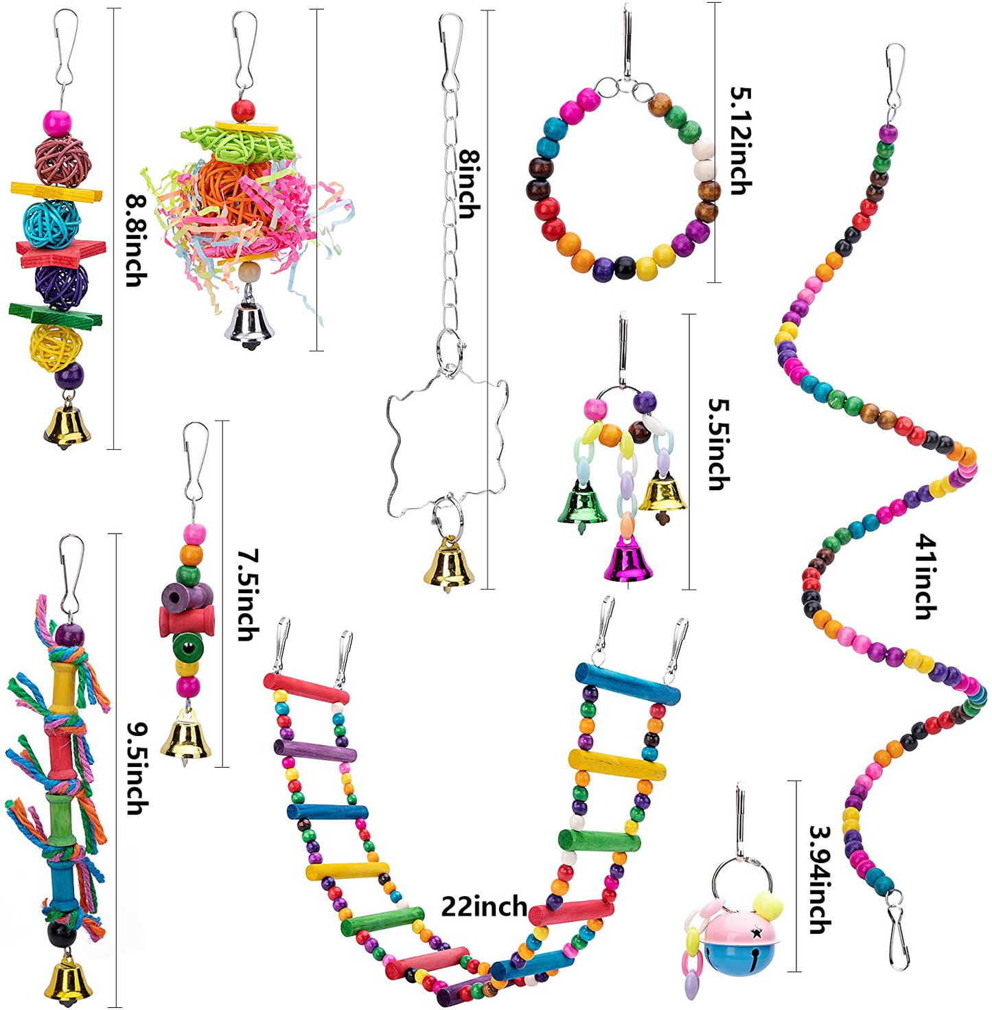 Ebaokuup 10 Packs Bird Swing Chewing Toys- Parrot Hammock Bell Toys Parrot Cage Toy Bird Perch with Wood Beads Hanging for Small Parakeets, Cockatiels, Conures, Finches,Budgie,Parrots, Love Birds