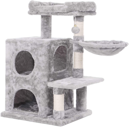 BEWISHOME Cat Tree Condo with Sisal Scratching Posts, Plush Perch, Dual Houses and Basket, Cat Tower Furniture Kitty Activity Center Kitten Play House MMJ06 Animals & Pet Supplies > Pet Supplies > Cat Supplies > Cat Furniture BEWISHOME light grey  
