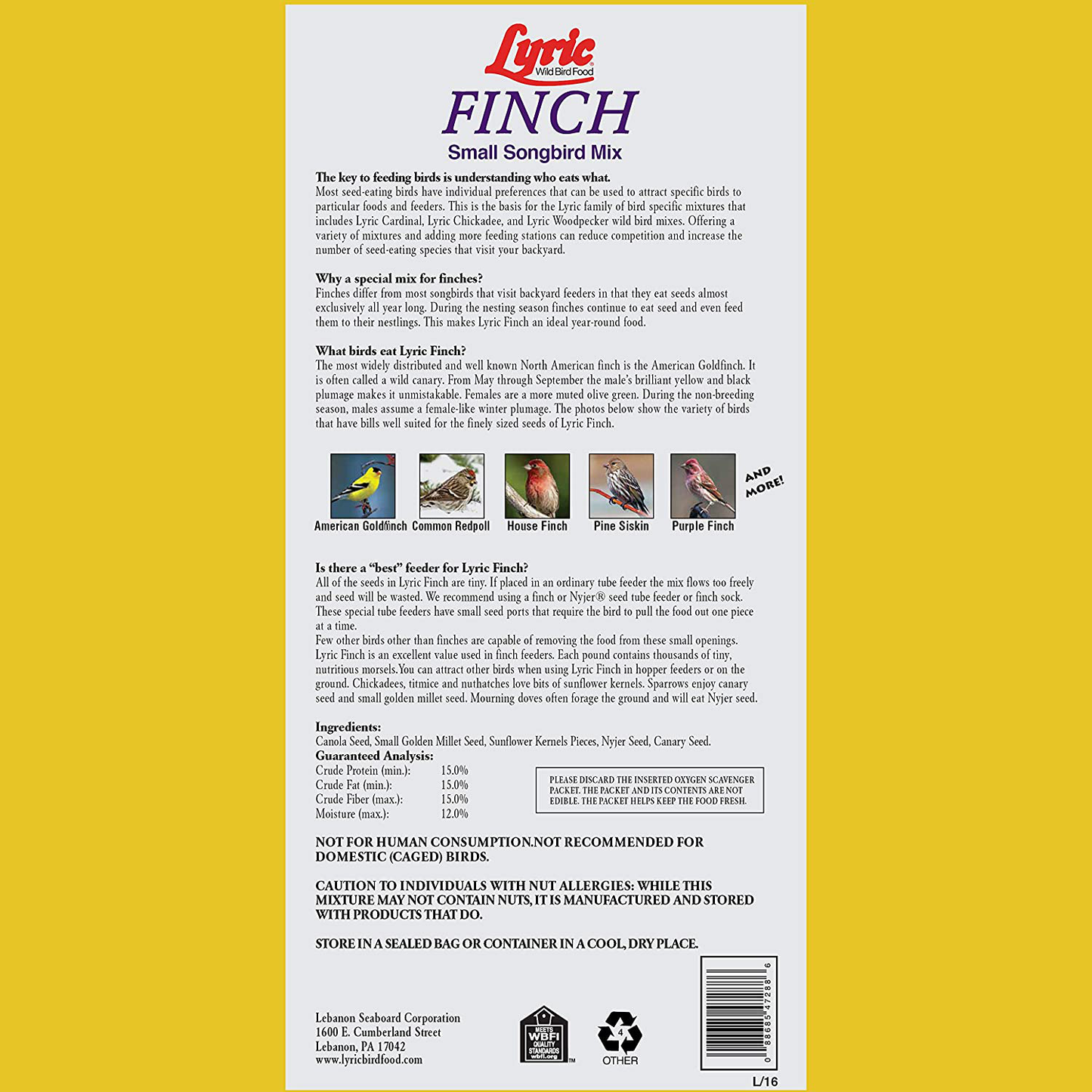 Lyric 2647408 Finch Small Songbird Wild Bird Mix, 20 Lb, Multi Animals & Pet Supplies > Pet Supplies > Bird Supplies > Bird Food Lyric   