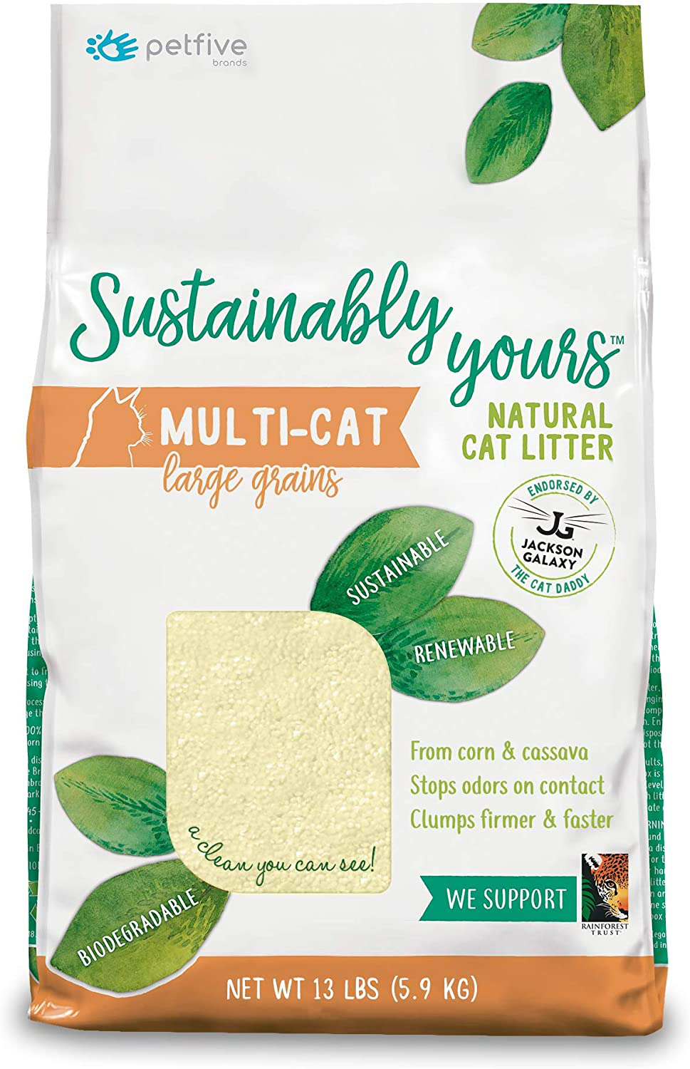 Petfive Sustainably Yours Natural Sustainable Multi-Cat Litter, 13 Lbs Animals & Pet Supplies > Pet Supplies > Cat Supplies > Cat Litter Petfive Large Grains  