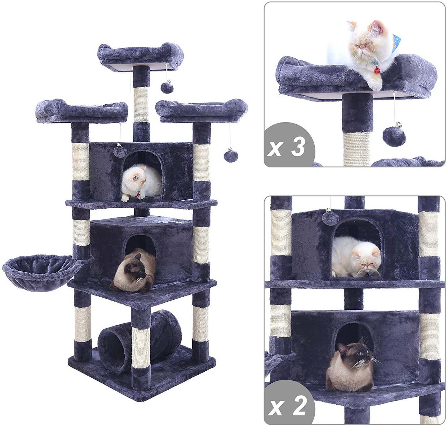 Hey-Brother 65" Extra Large Multi-Level Cat Tree Condo Furniture with Sisal-Covered Scratching Posts, 2 Bigger Plush Condos, Perch Hammock for Kittens, Cats and Pets Animals & Pet Supplies > Pet Supplies > Cat Supplies > Cat Furniture Hey-brother   